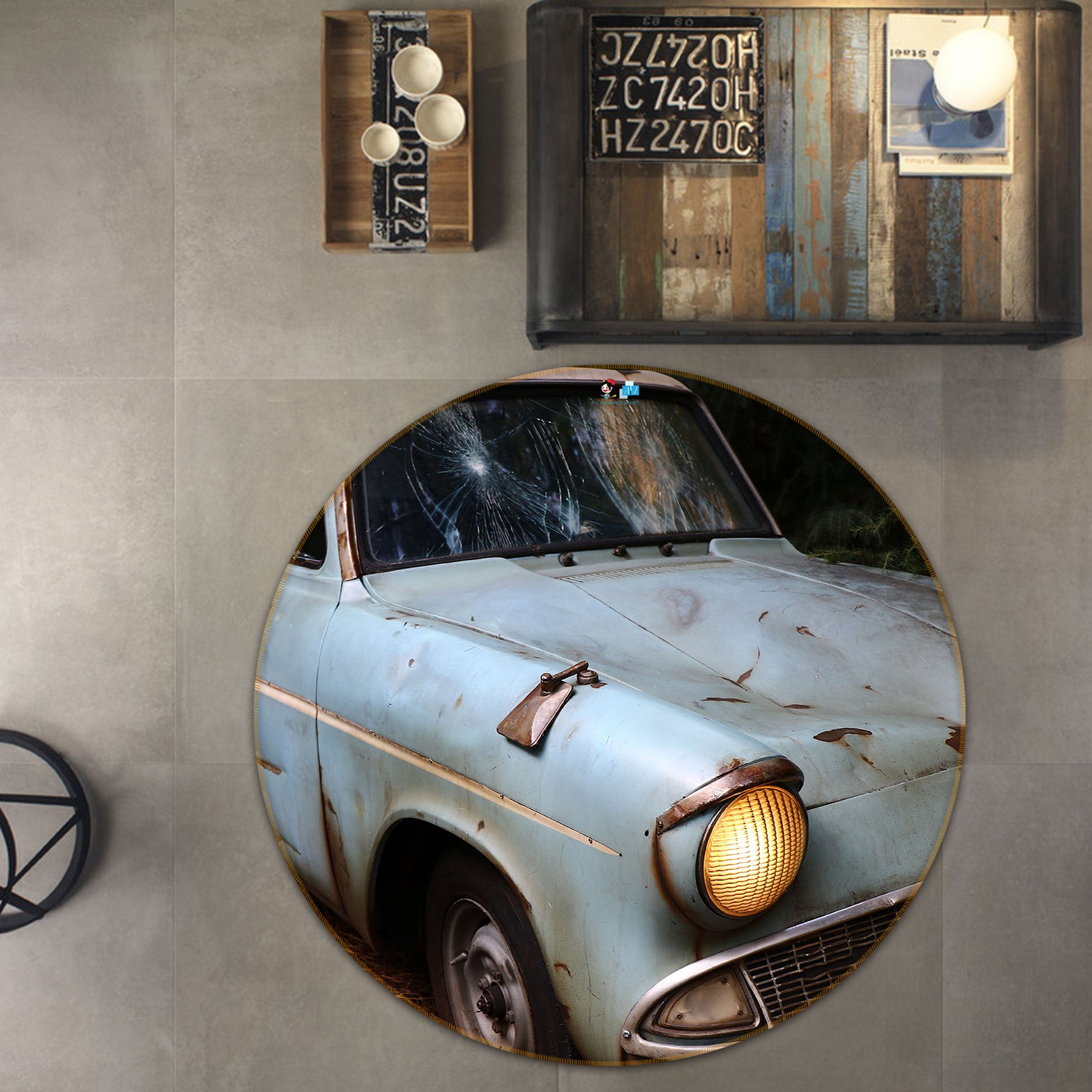 3D Old Car 72117 Round Non Slip Rug Mat