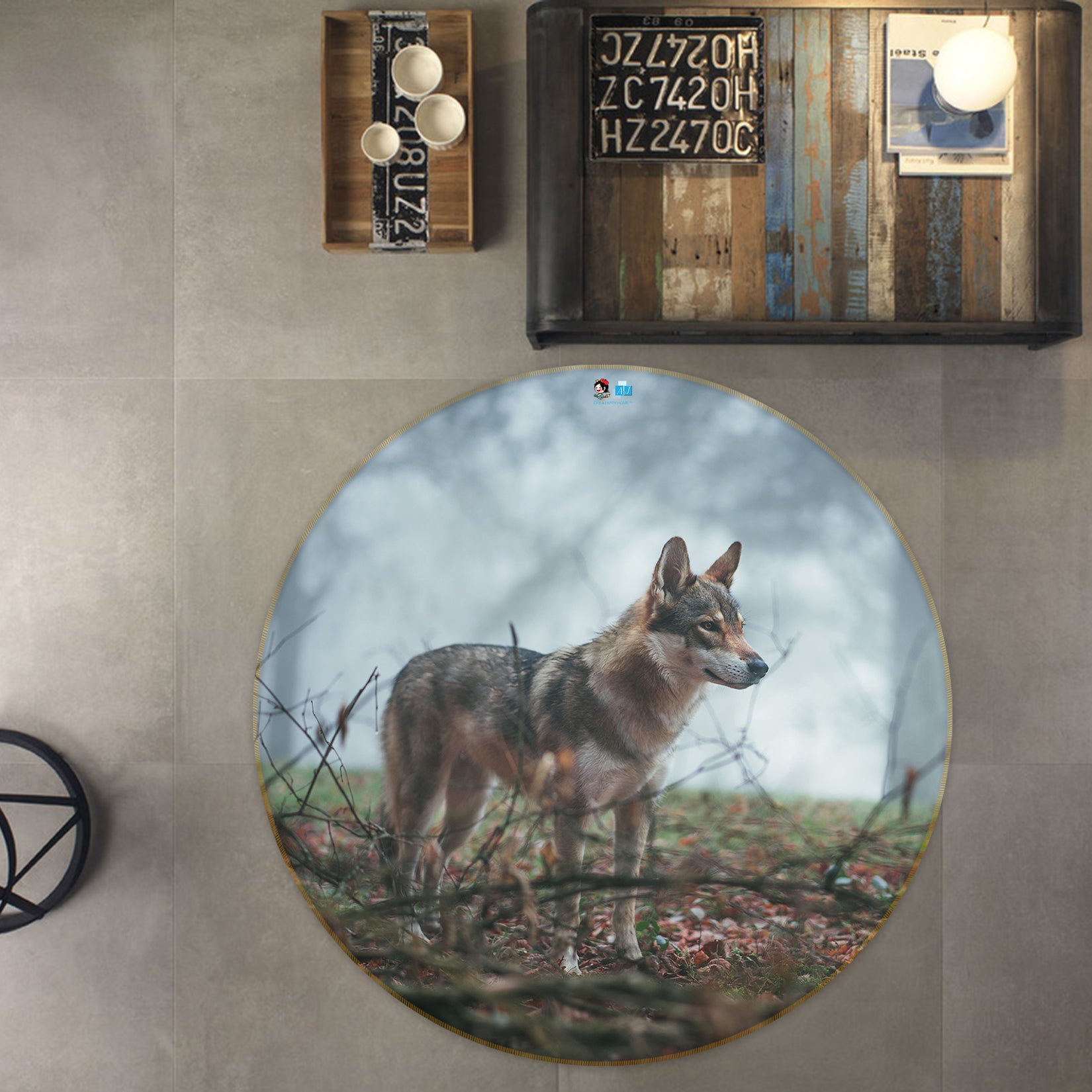 3D Wolf 81212 Round Non Slip Rug Mat