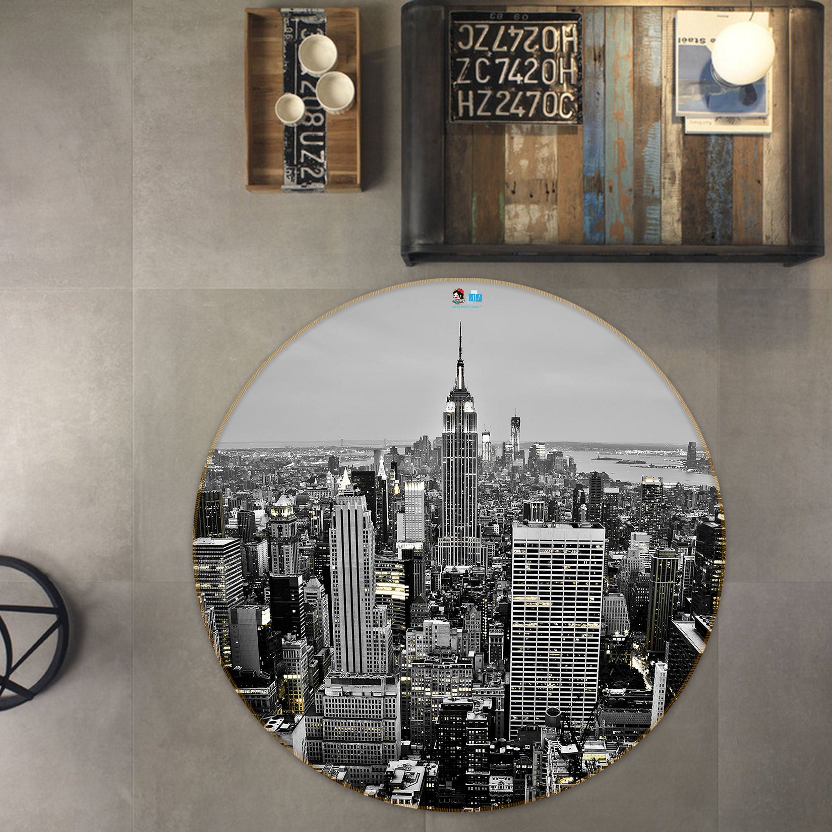 3D Black White City 80230 Round Non Slip Rug Mat