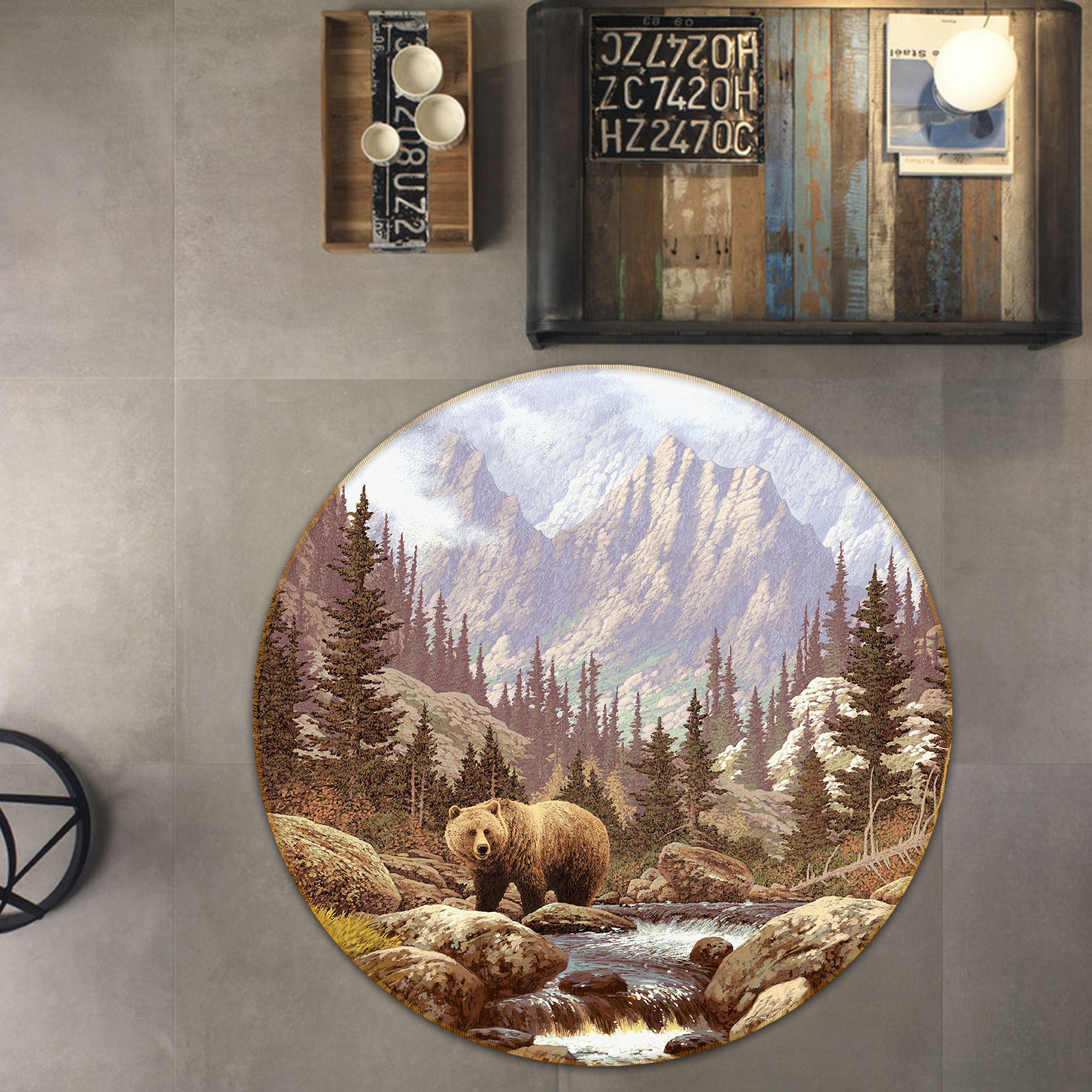 3D Mountain Bear 38064 Animal Round Non Slip Rug Mat