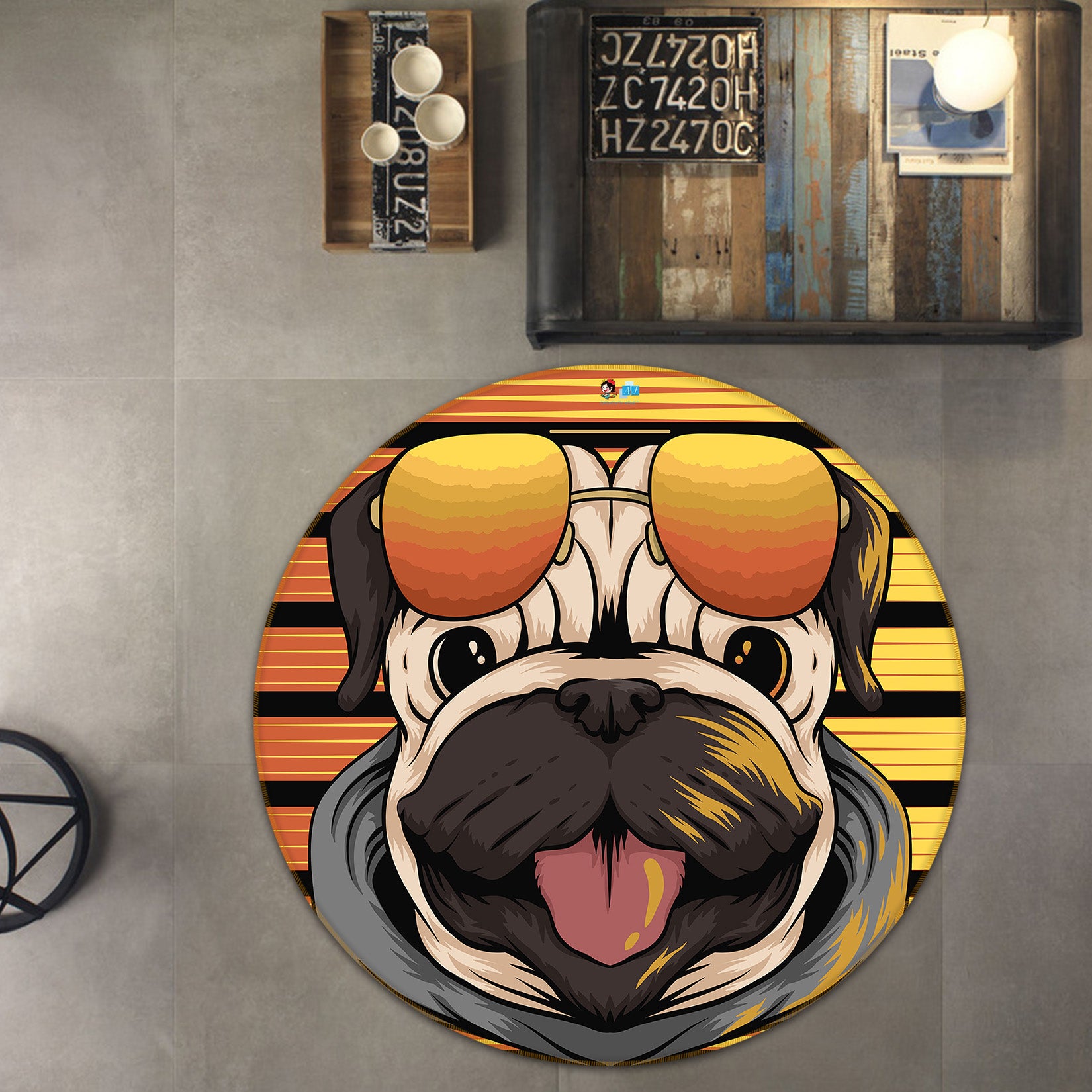 3D Sunglasses Pug Dog 74244 Round Non Slip Rug Mat