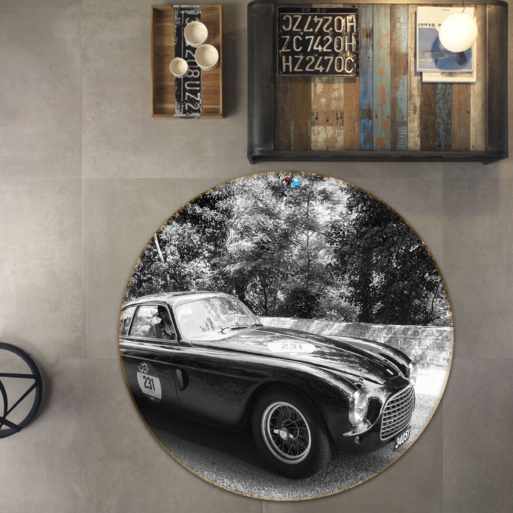 3D Black White Car 74184 Round Non Slip Rug Mat