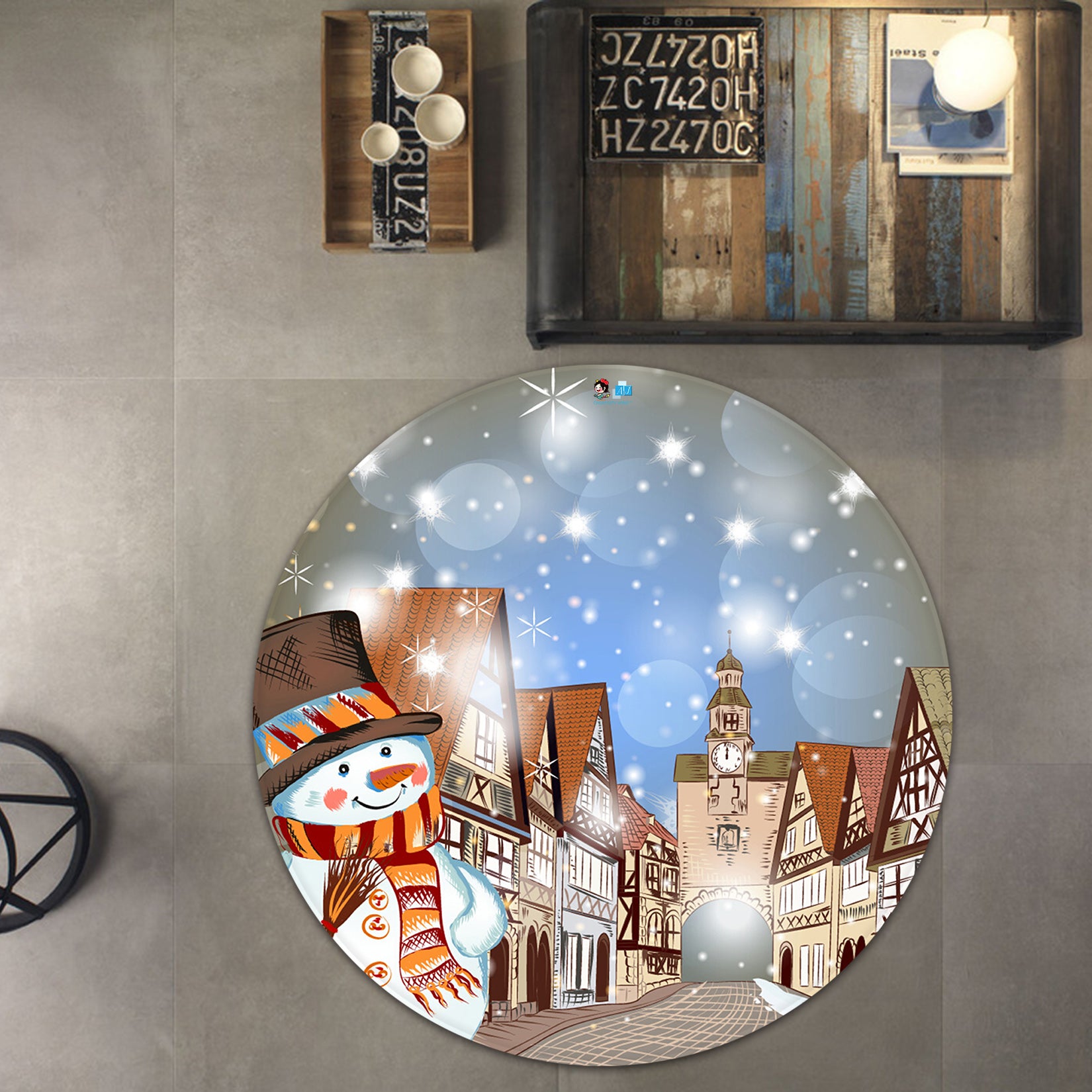 3D Snowman Street Houses 66006 Christmas Round Non Slip Rug Mat Xmas