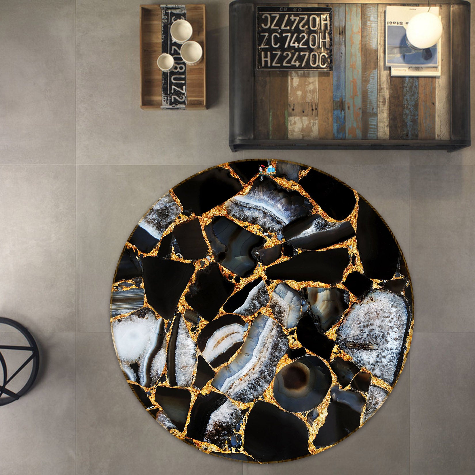 3D Black Gold Marble Pattern 71130 Round Non Slip Rug Mat