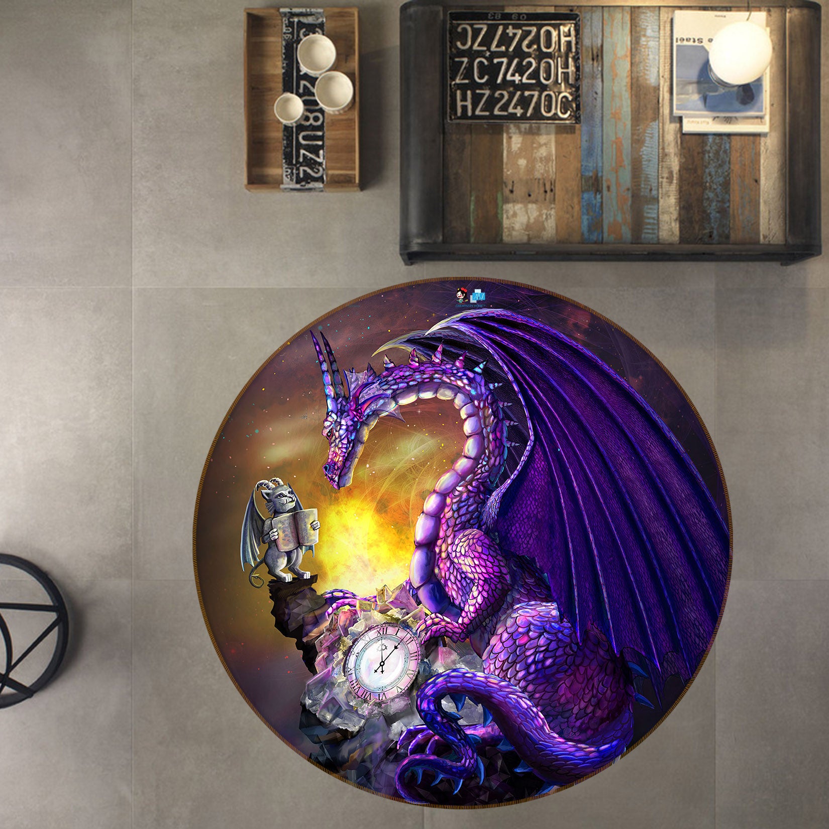 3D Purple Clock Dinosaur 83174 Rose Catherine Khan Rug Round Non Slip Rug Mat