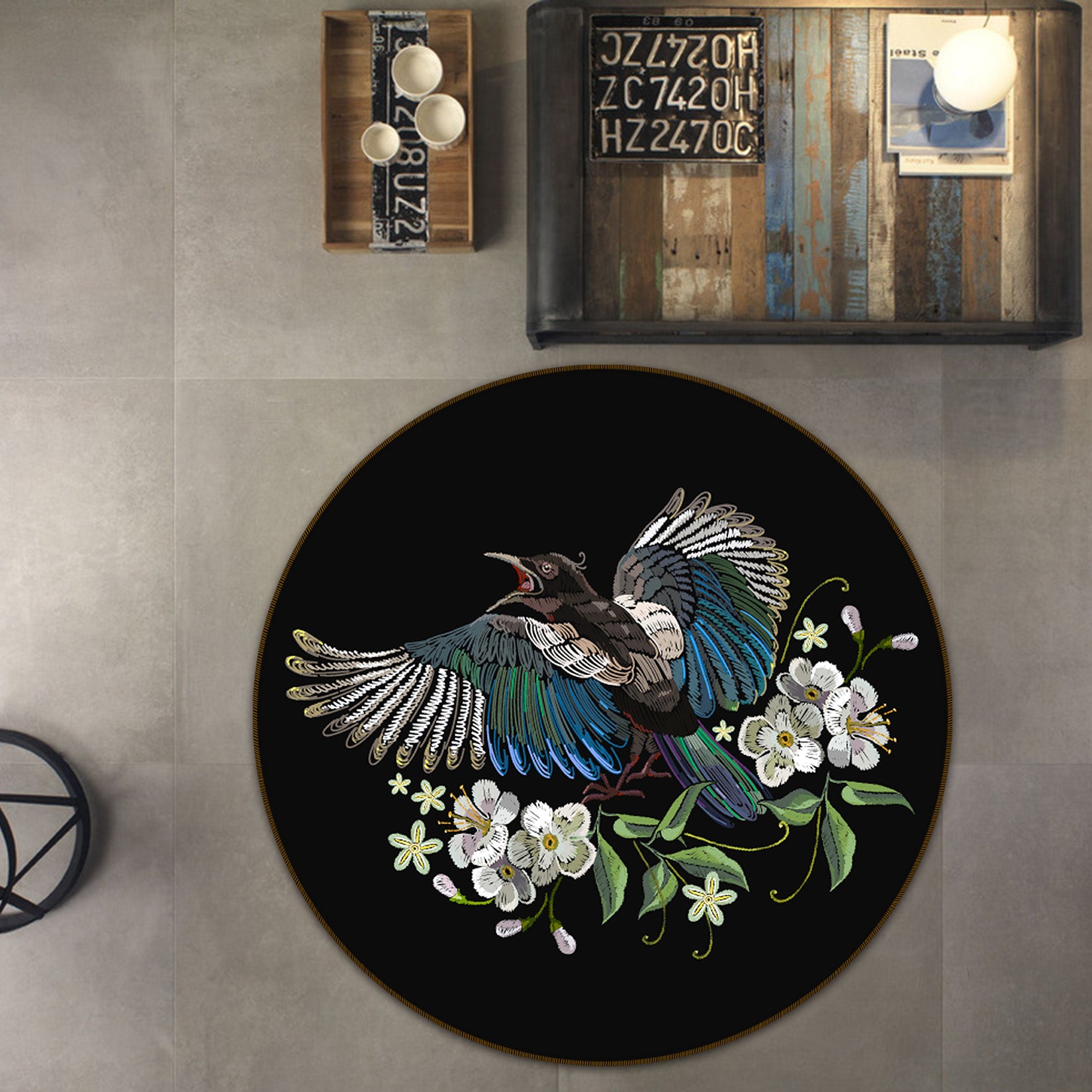 3D Bird Flowers 71180 Round Non Slip Rug Mat
