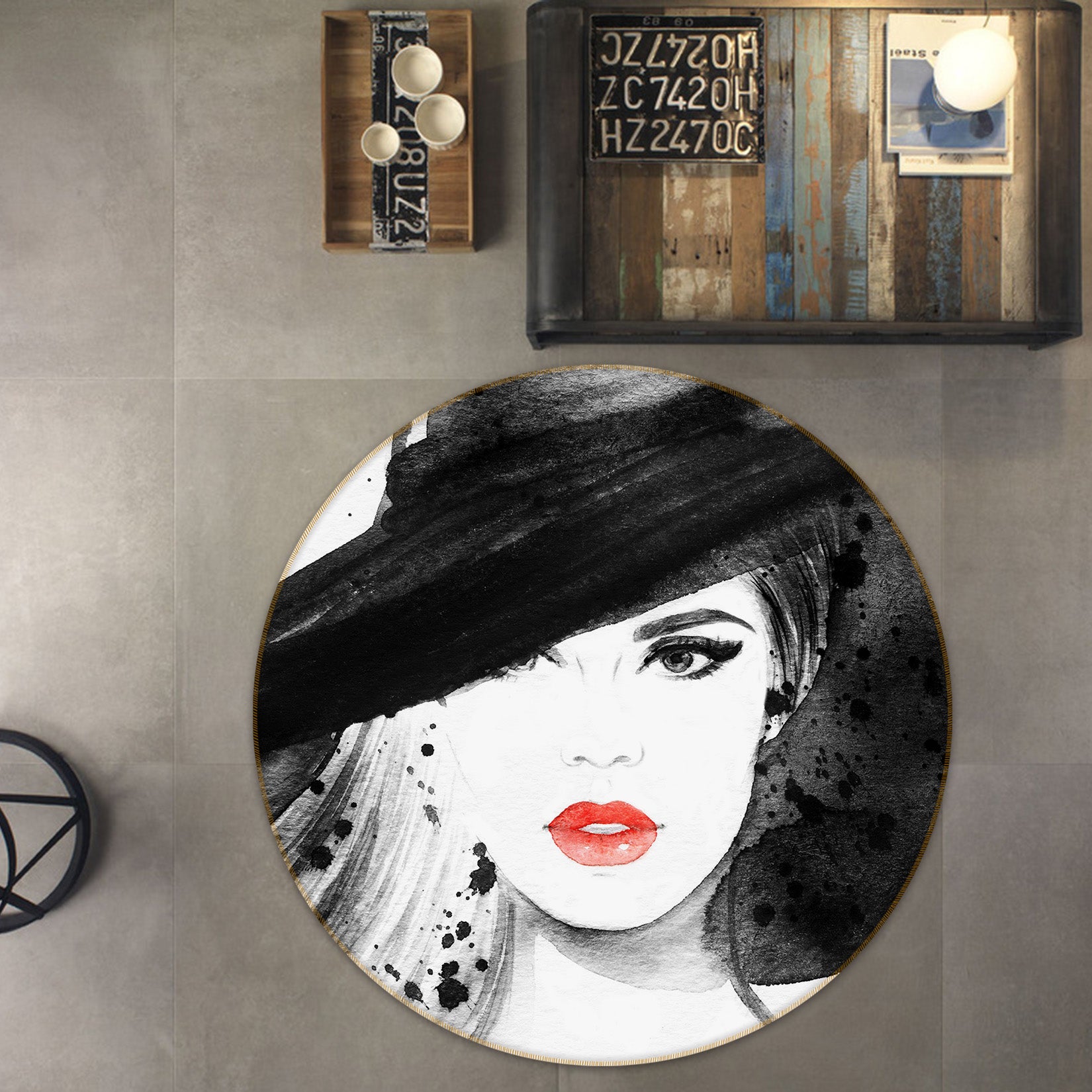 3D Hat Beautiful Female 37024 Round Non Slip Rug Mat