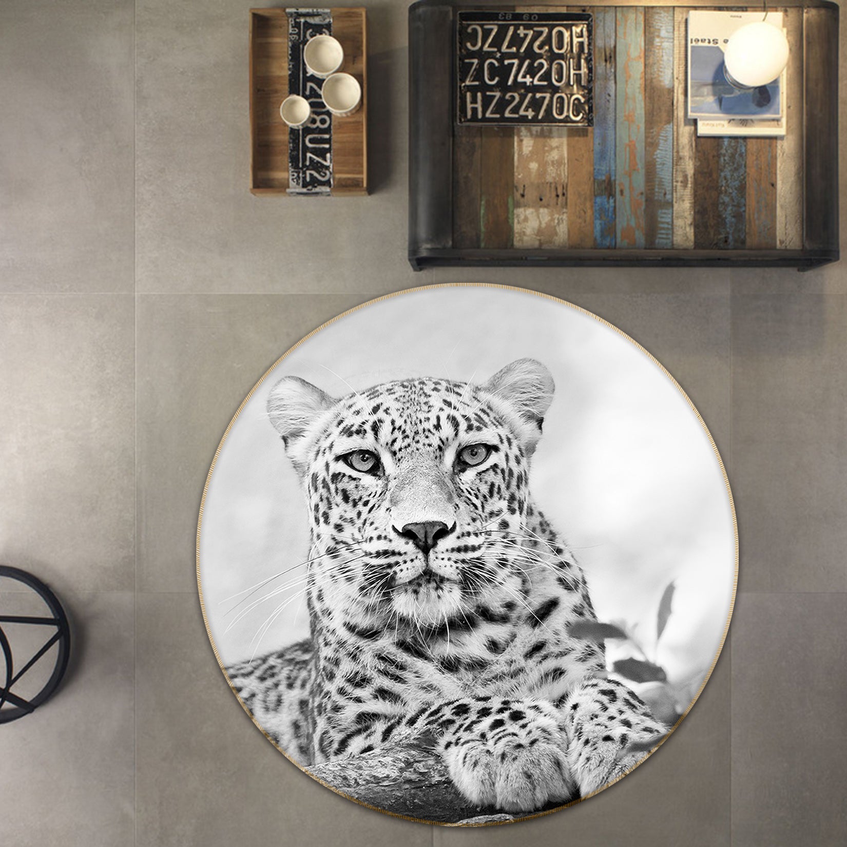 3D Black Grey Leopard 82282 Animal Round Non Slip Rug Mat