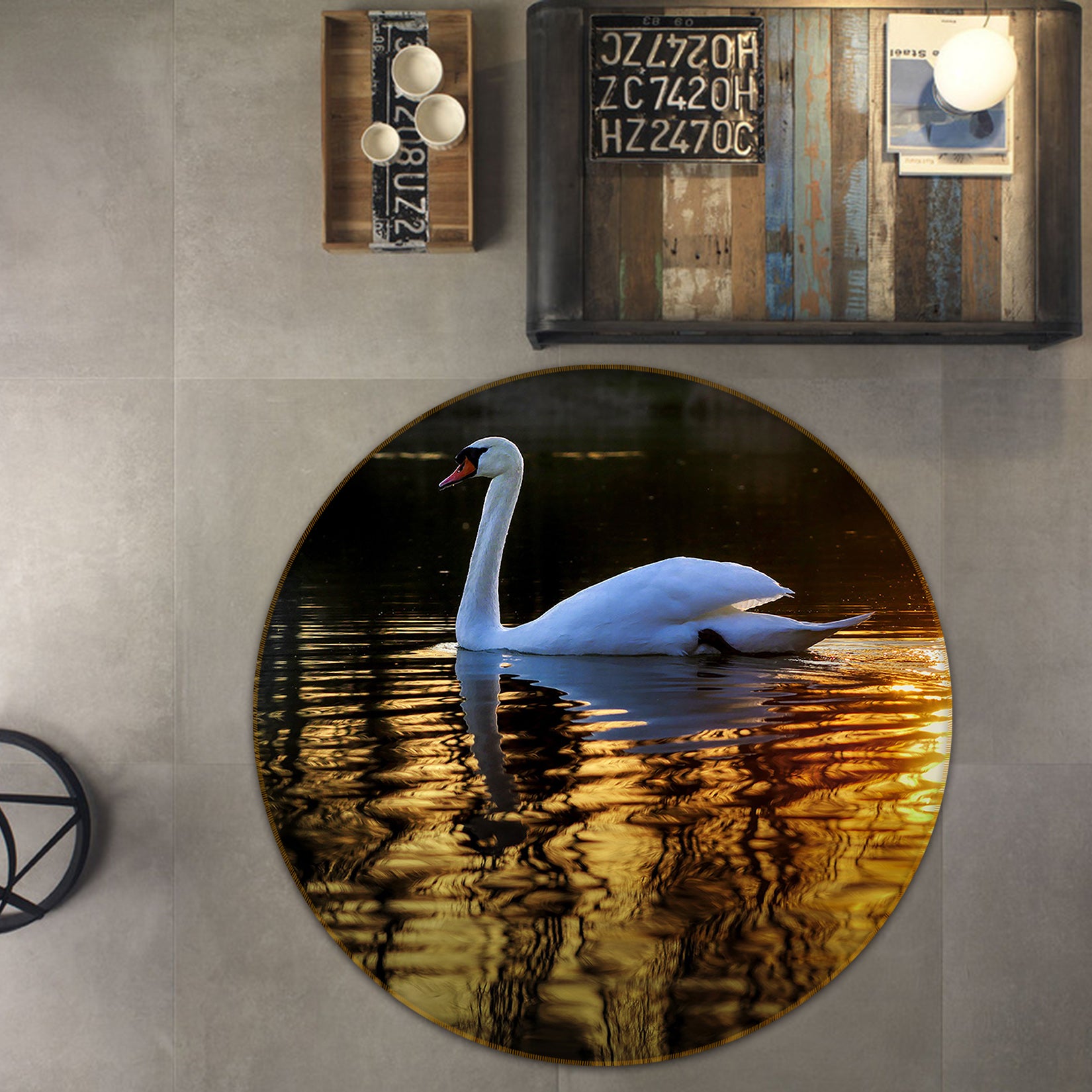 3D Swan Lake 82278 Animal Round Non Slip Rug Mat
