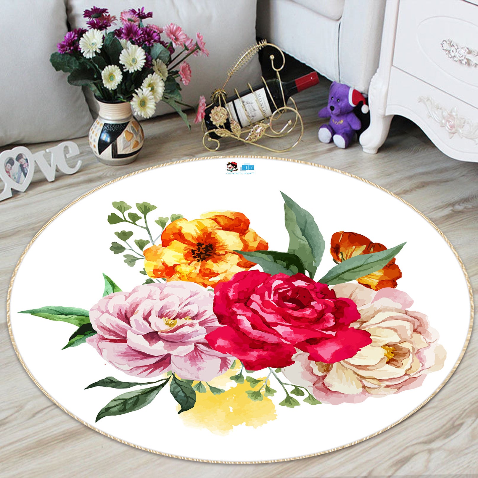 3D Bouquet 74207 Round Non Slip Rug Mat