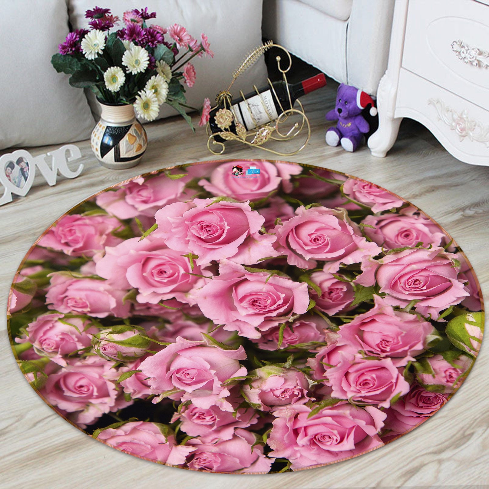 3D Pink Rose 72214 Round Non Slip Rug Mat