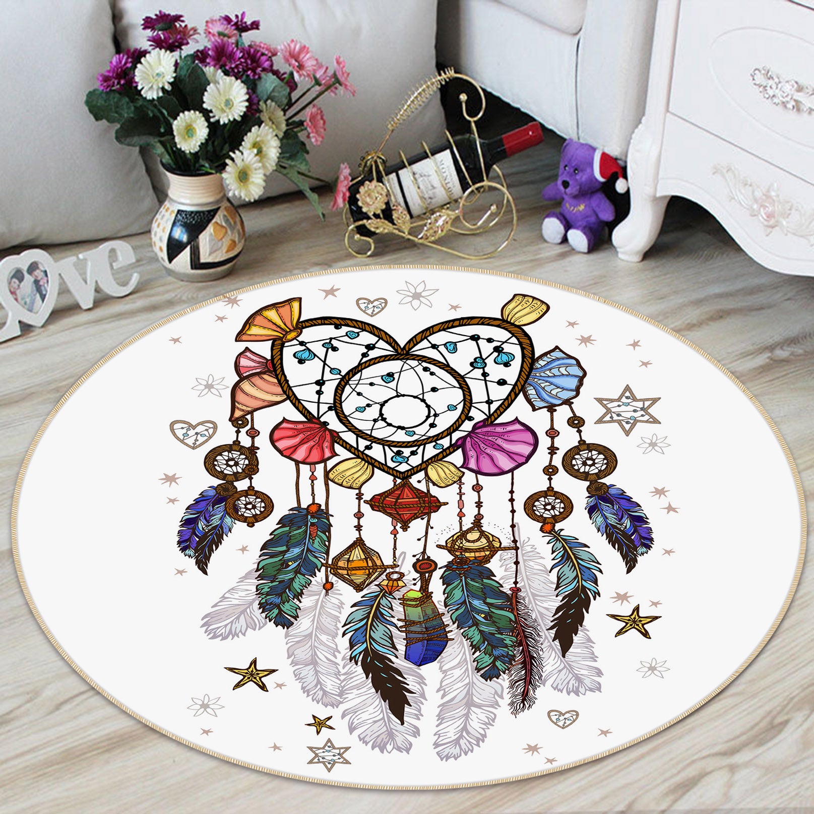 3D Heart-Shaped Dream Catcher 29056 Round Non Slip Rug Mat