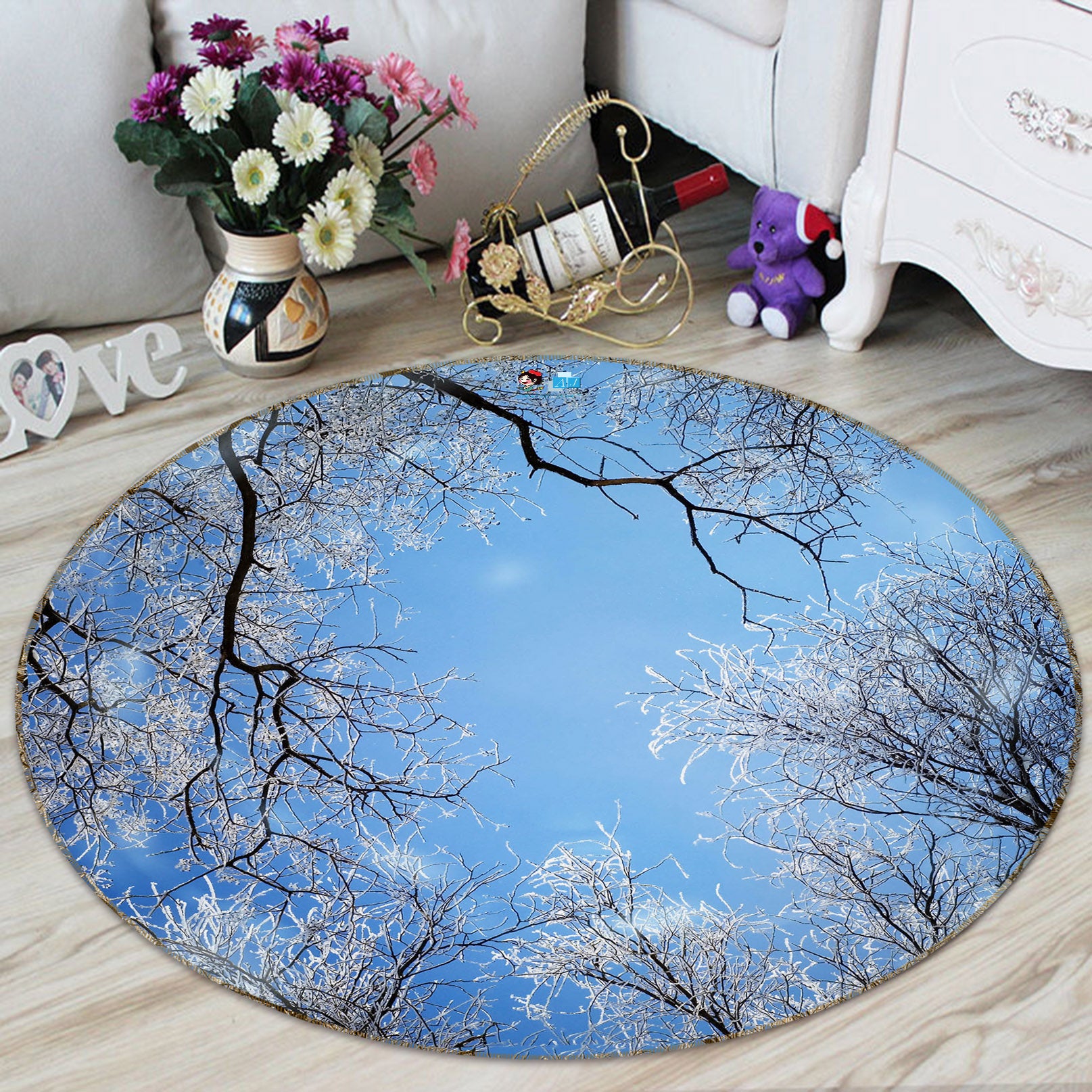 3D Snow Branches 74005 Round Non Slip Rug Mat