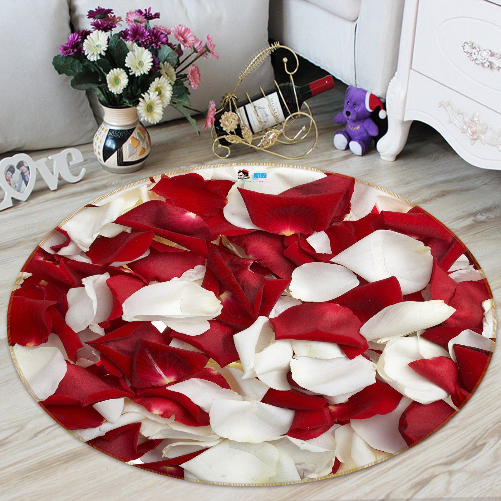 3D Red White Petals 80277 Round Non Slip Rug Mat