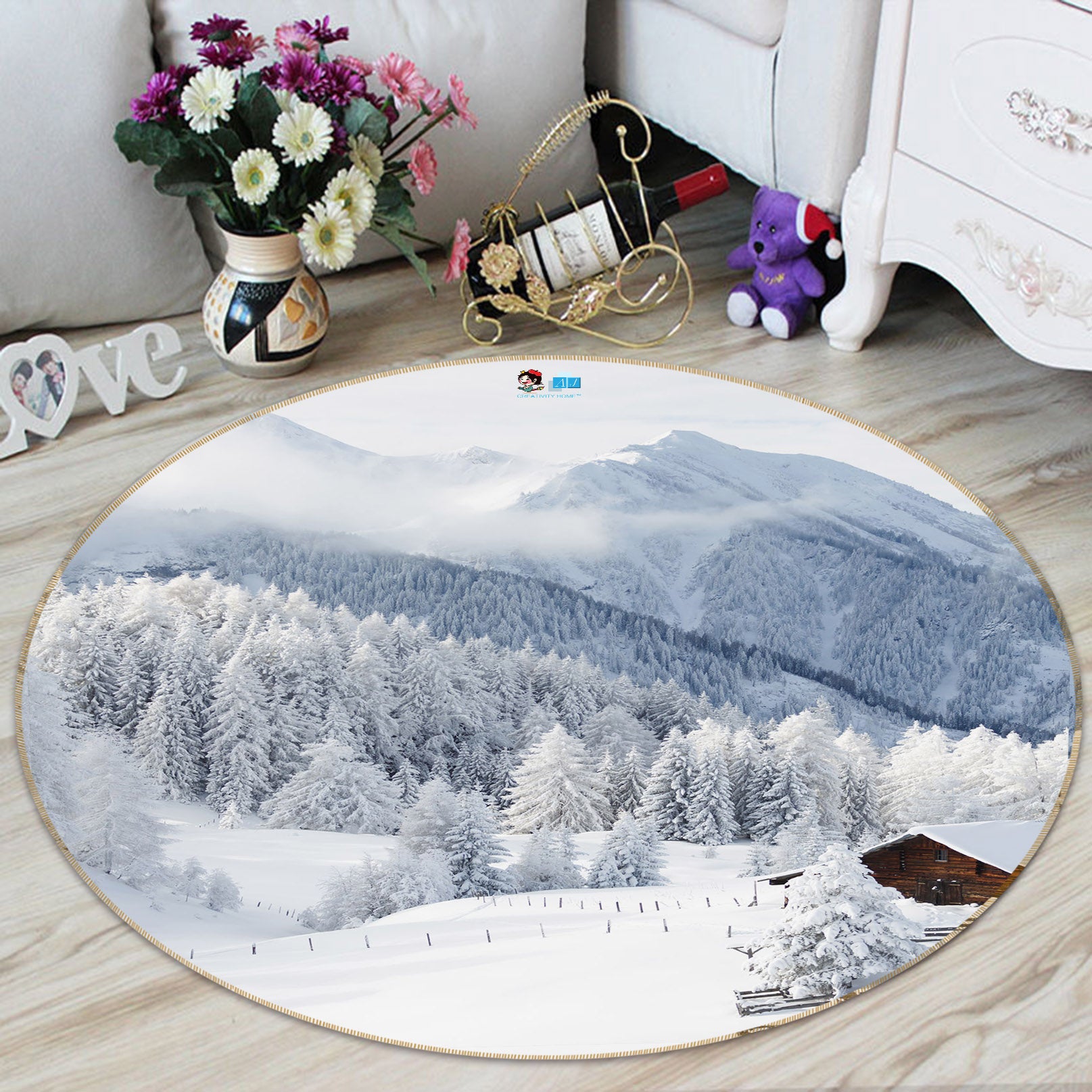 3D Snow Mountain Tree 69164 Round Non Slip Rug Mat