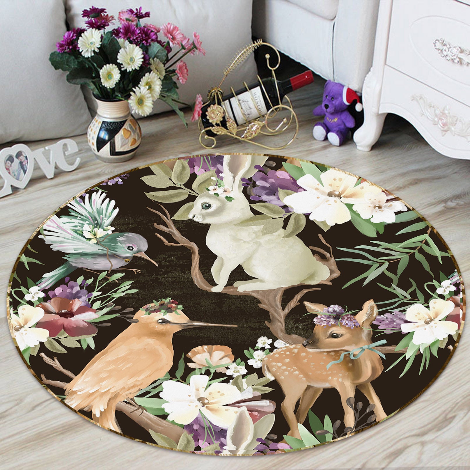 3D Deer Rabbit Bird Flower 37032 Round Non Slip Rug Mat