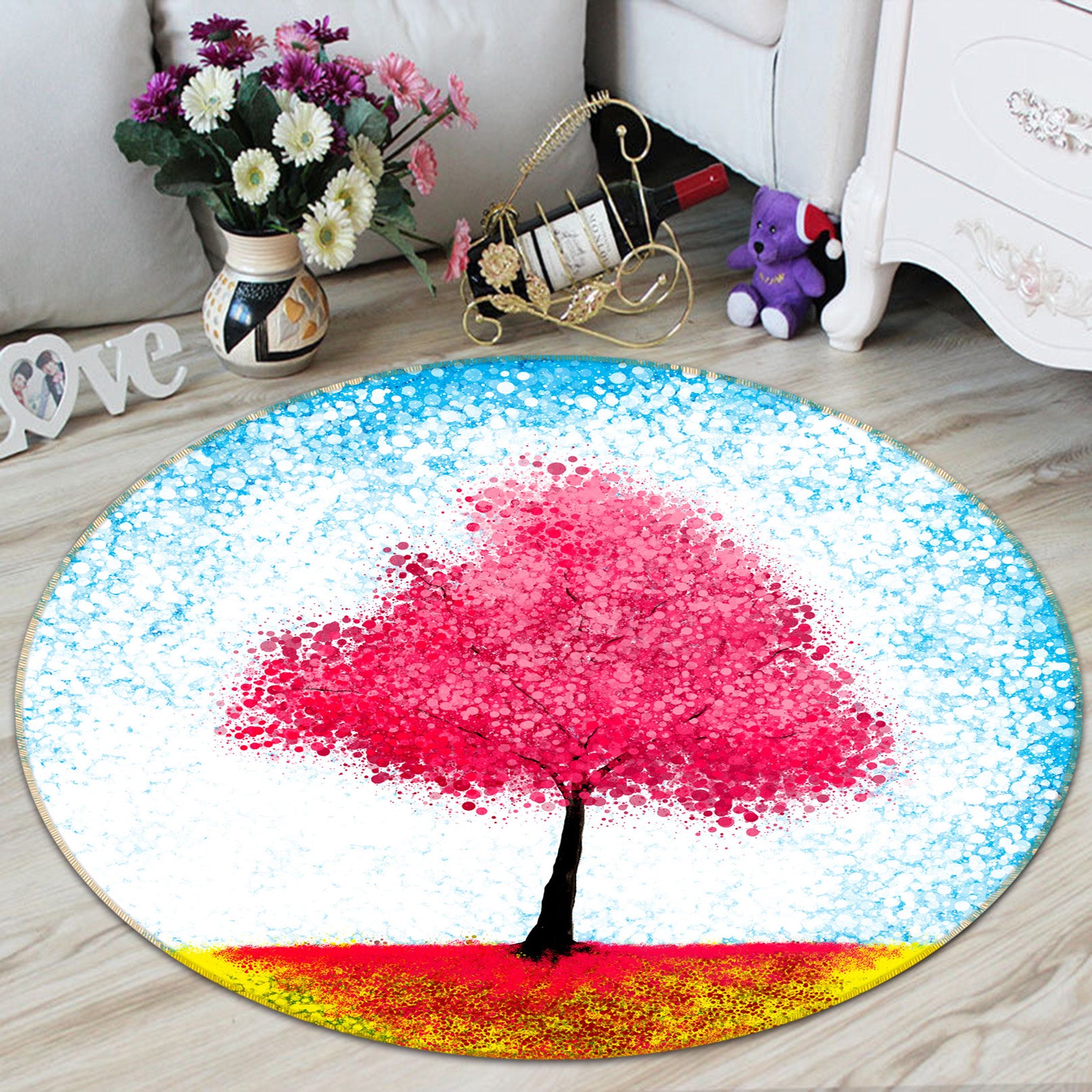 3D Red Tree 71223 Round Non Slip Rug Mat