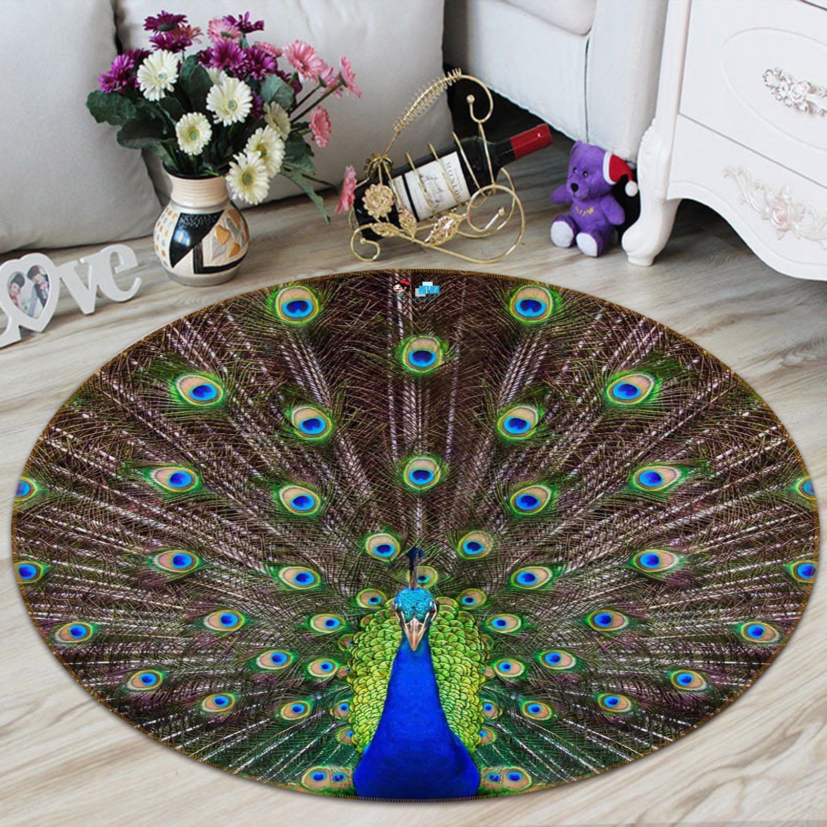 3D Spreading Tail Peacock 96 Round Non Slip Rug Mat Mat AJ Creativity Home 