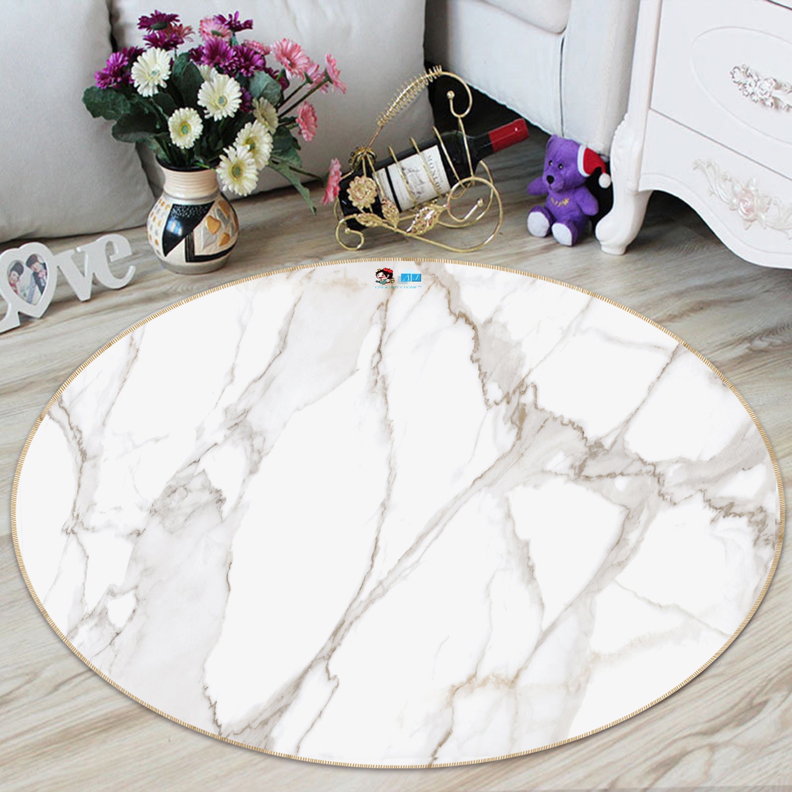 3D White Marble 69238 Round Non Slip Rug Mat