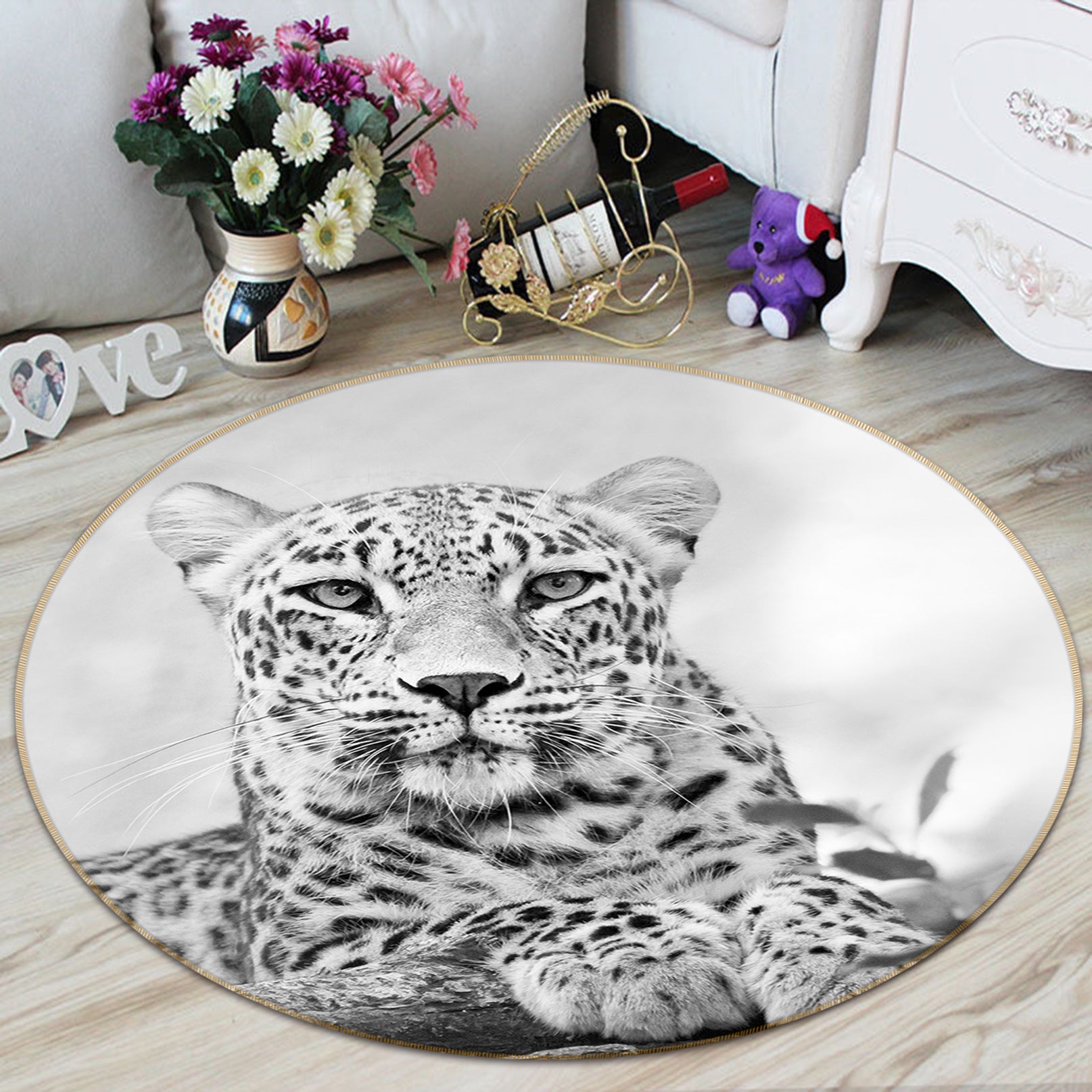 3D Black Grey Leopard 82282 Animal Round Non Slip Rug Mat