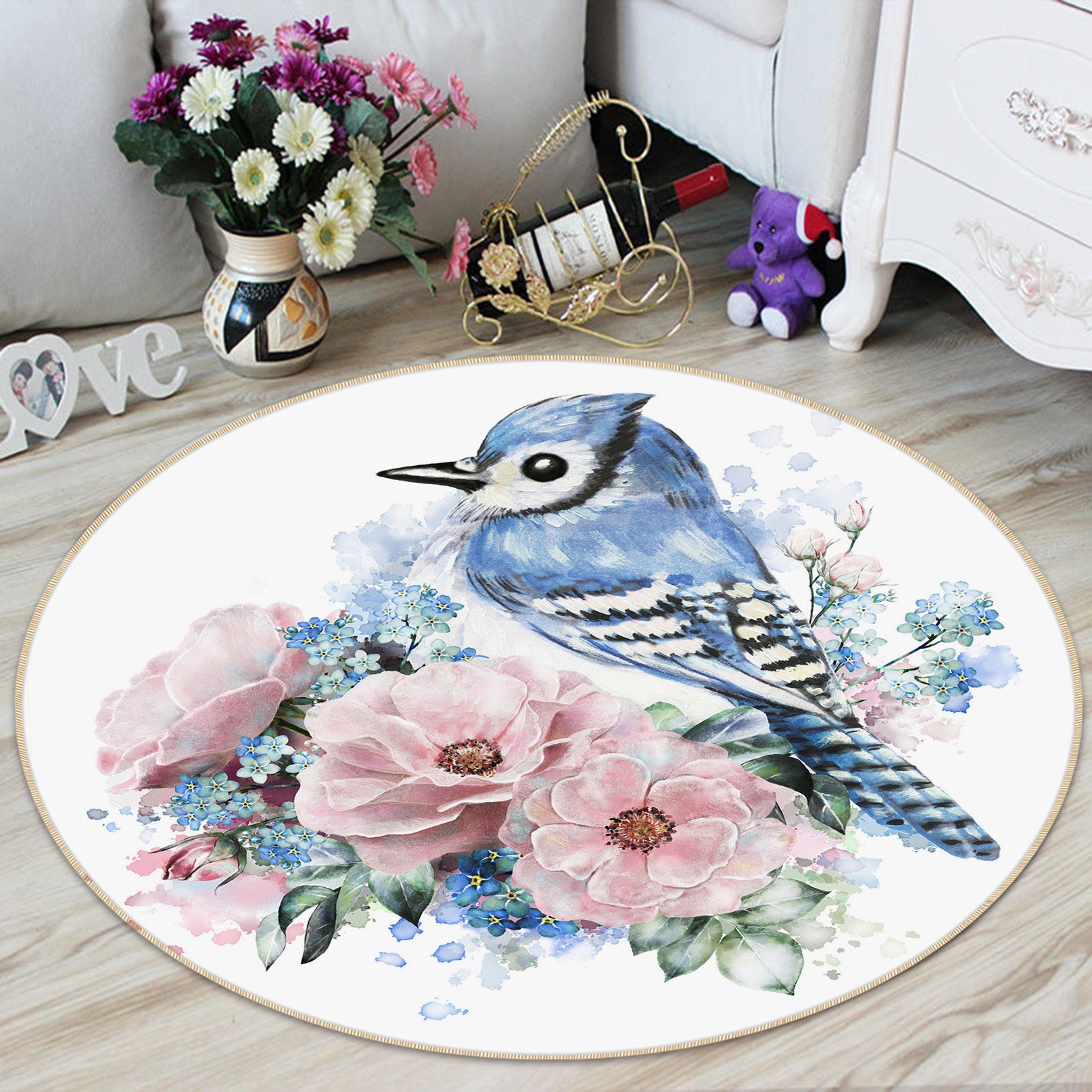 3D Flowers Bird 29012 Round Non Slip Rug Mat