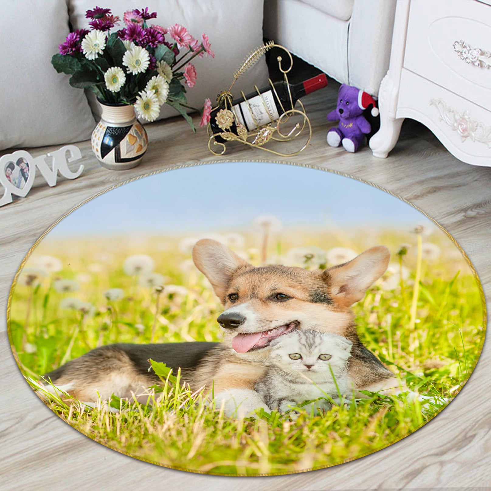 3D Grassland Cat Dog 29008 Round Non Slip Rug Mat