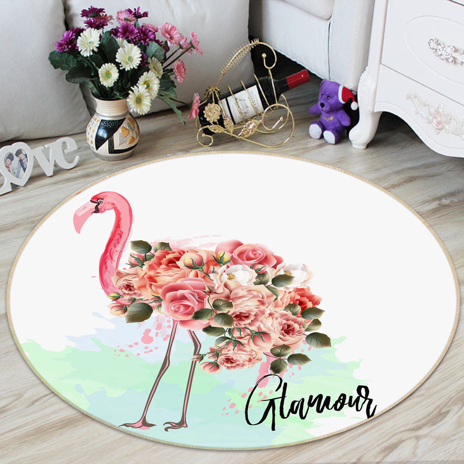 3D Flower Flamingo 29067 Round Non Slip Rug Mat