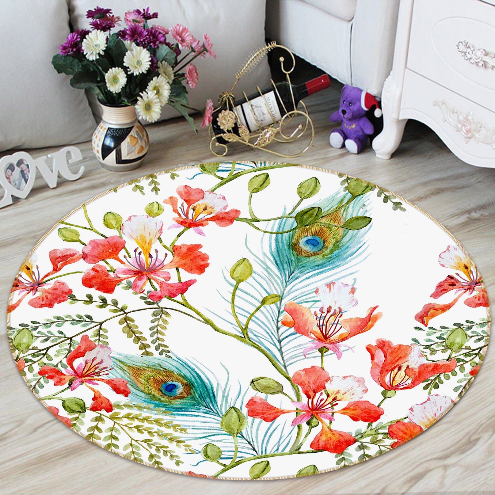 3D Flowers Peacock Feather 29021 Round Non Slip Rug Mat
