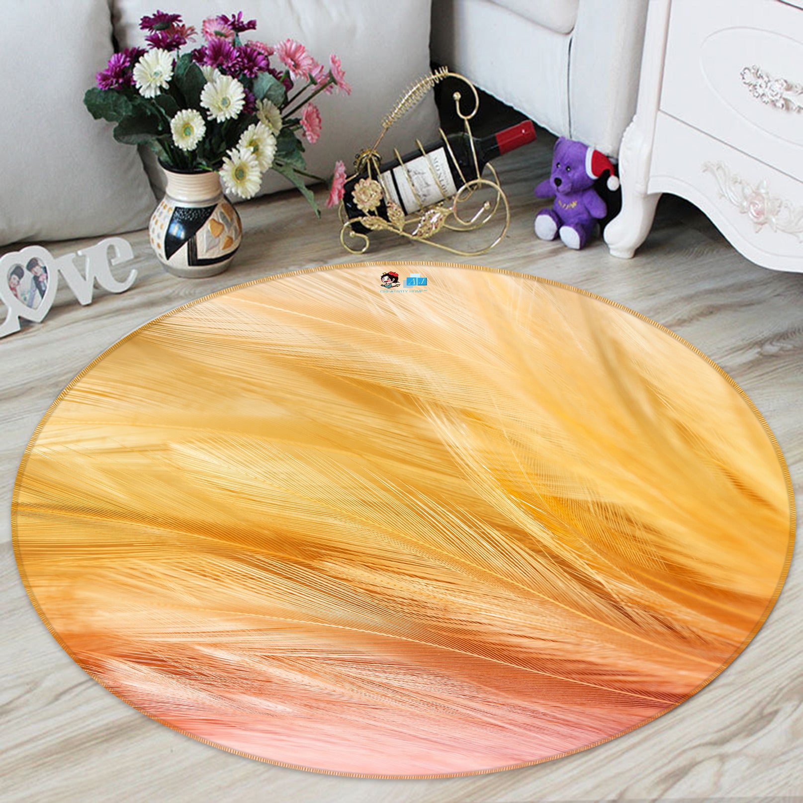 3D Feather Leaves 81215 Round Non Slip Rug Mat