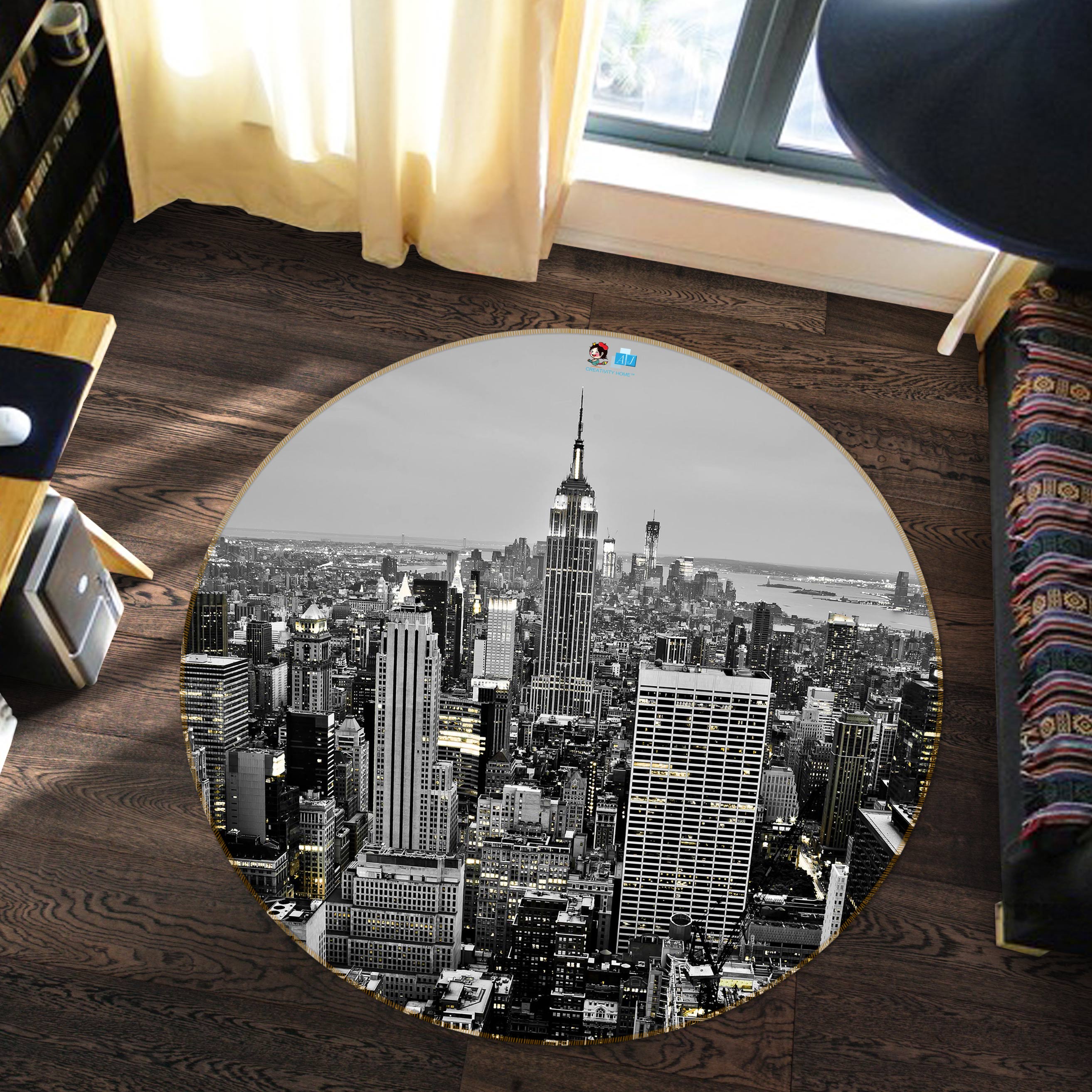 3D Black White City 80230 Round Non Slip Rug Mat