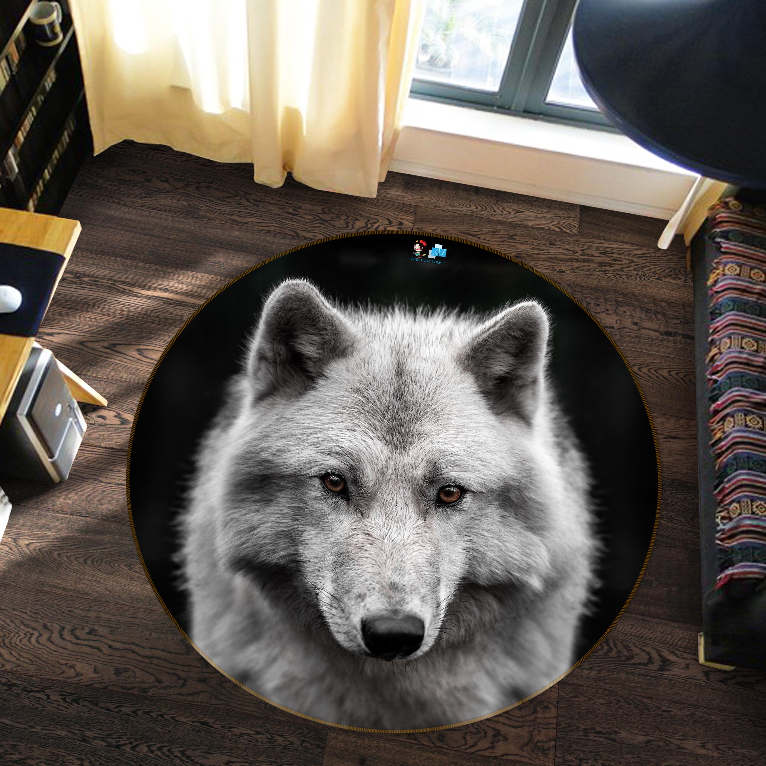 3D White Wolf 81172 Round Non Slip Rug Mat