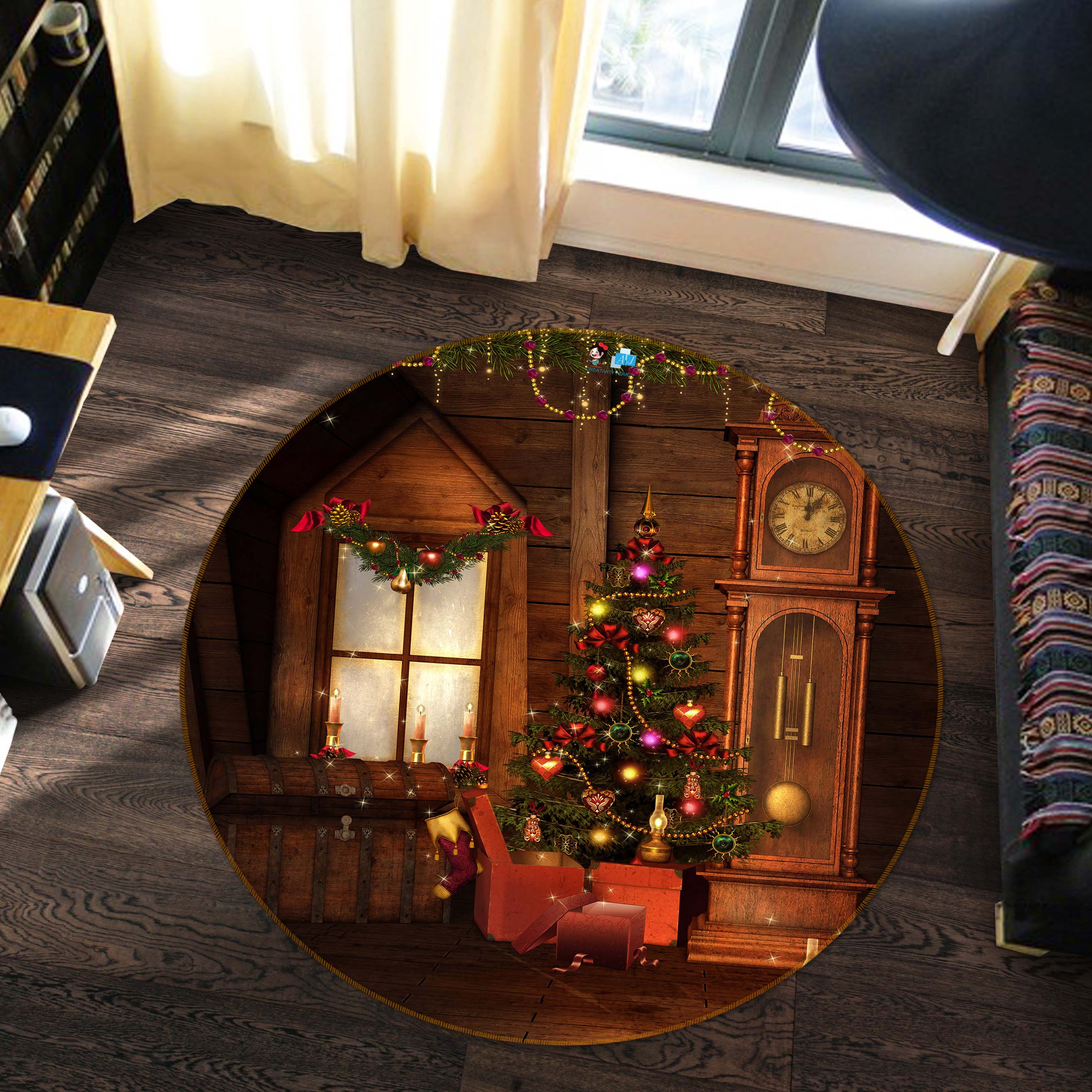 3D Tree Clock Window 54002 Christmas Round Non Slip Rug Mat Xmas