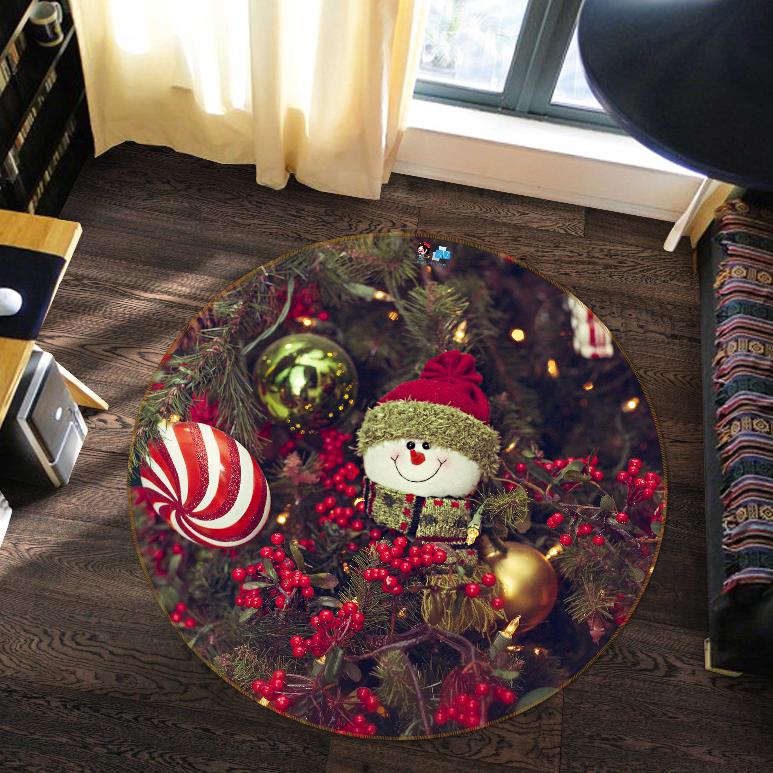 3D Tree Snowman Doll 54023 Christmas Round Non Slip Rug Mat Xmas