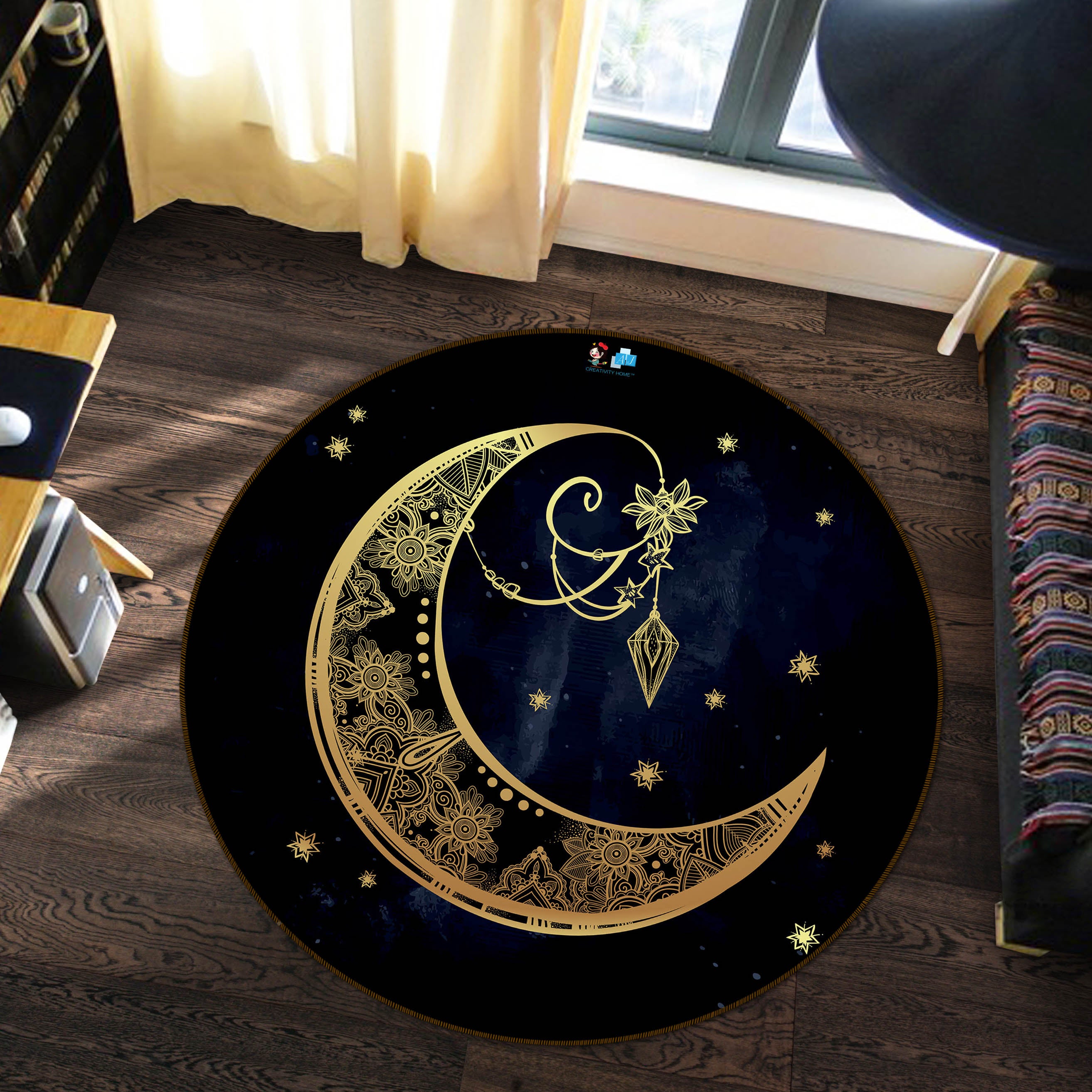 3D Golden Moon Pattern 75029 Round Non Slip Rug Mat