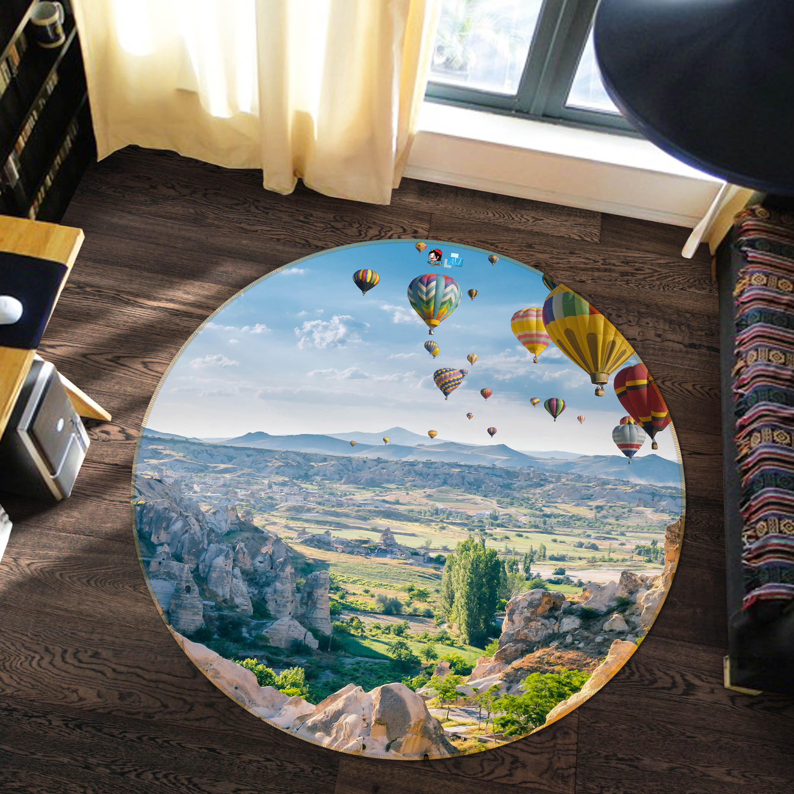 3D Mountains Hot Air Balloon 69193 Round Non Slip Rug Mat