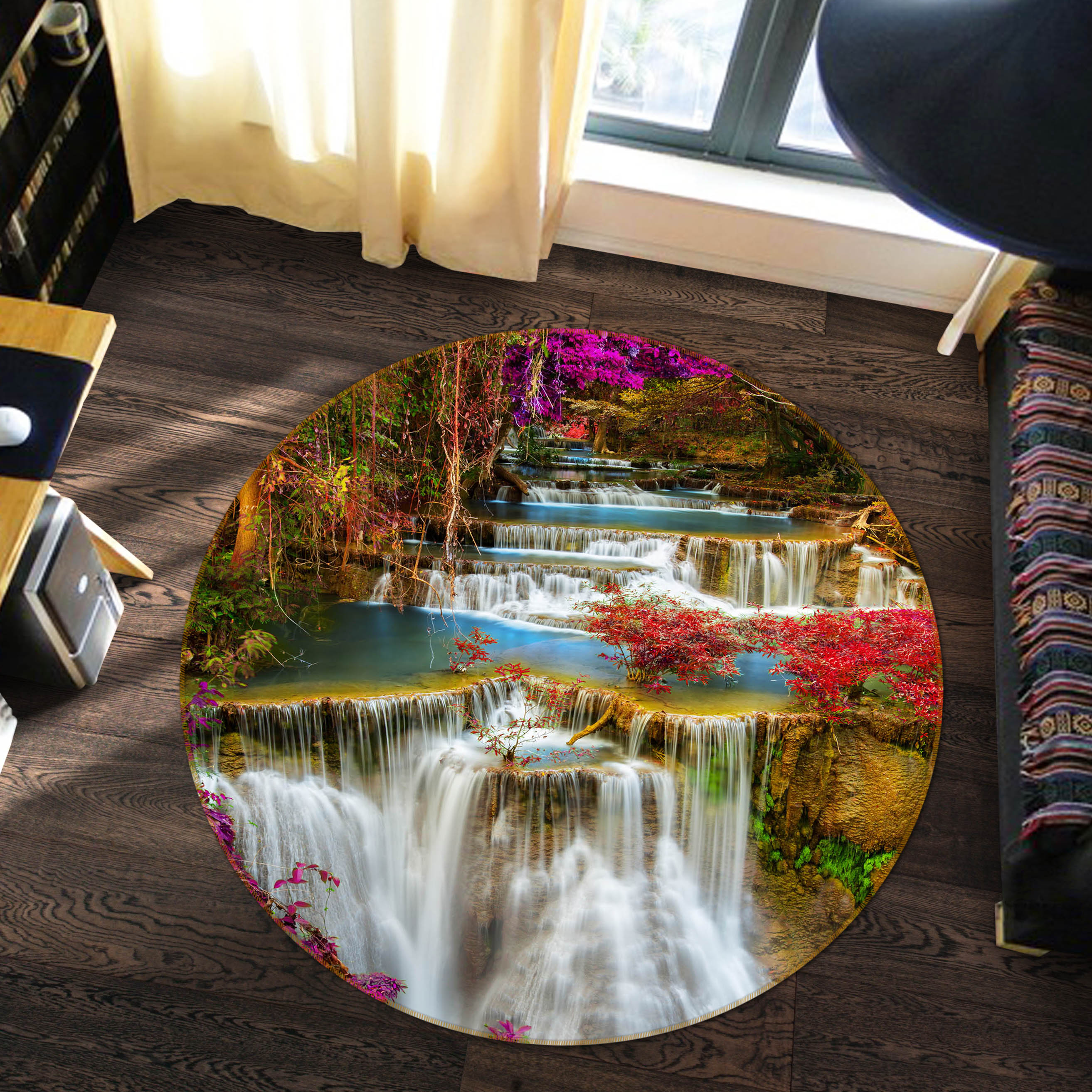 3D Waterfall Flower 69078 Round Non Slip Rug Mat