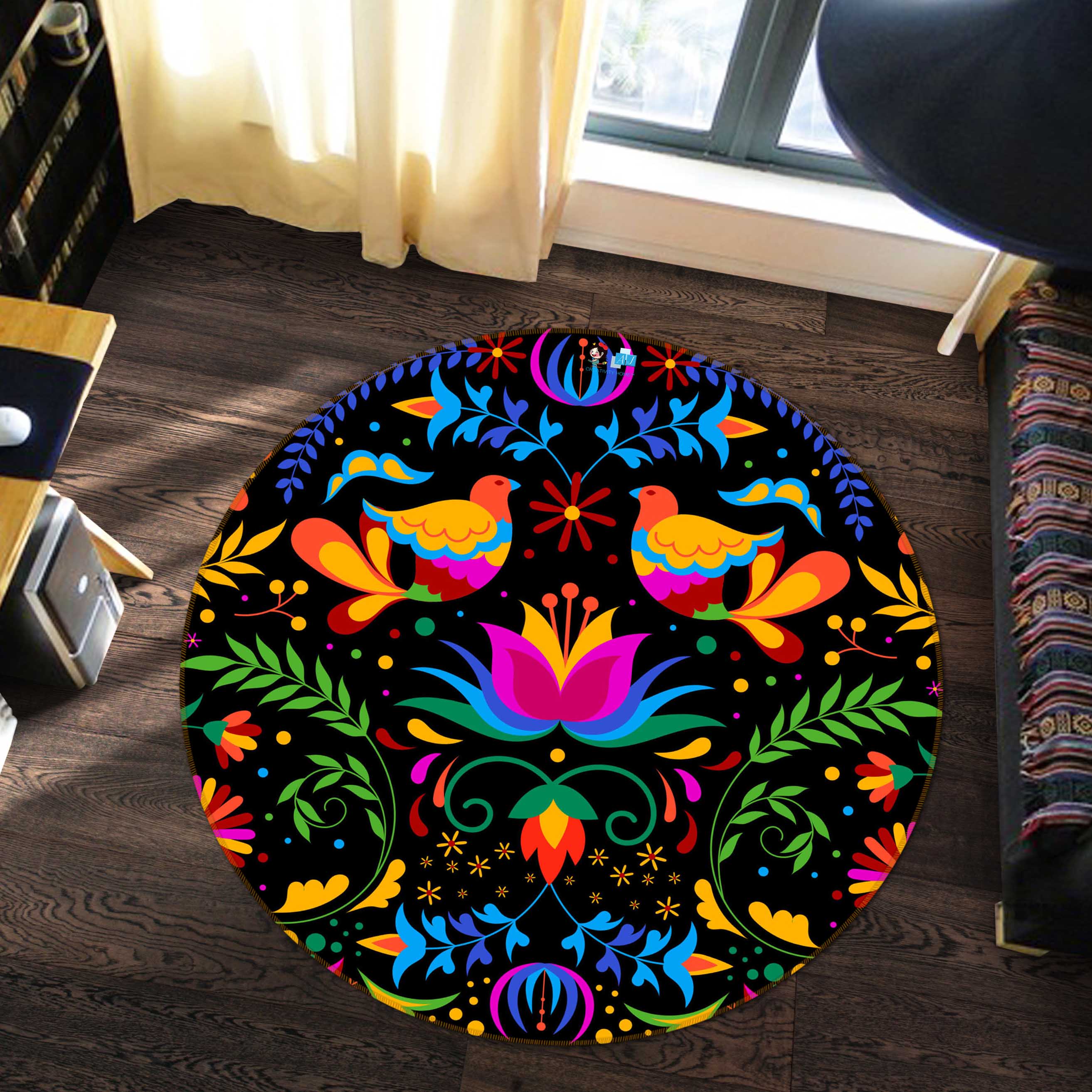 3D Color Leaf Bird Pattern 71285 Round Non Slip Rug Mat