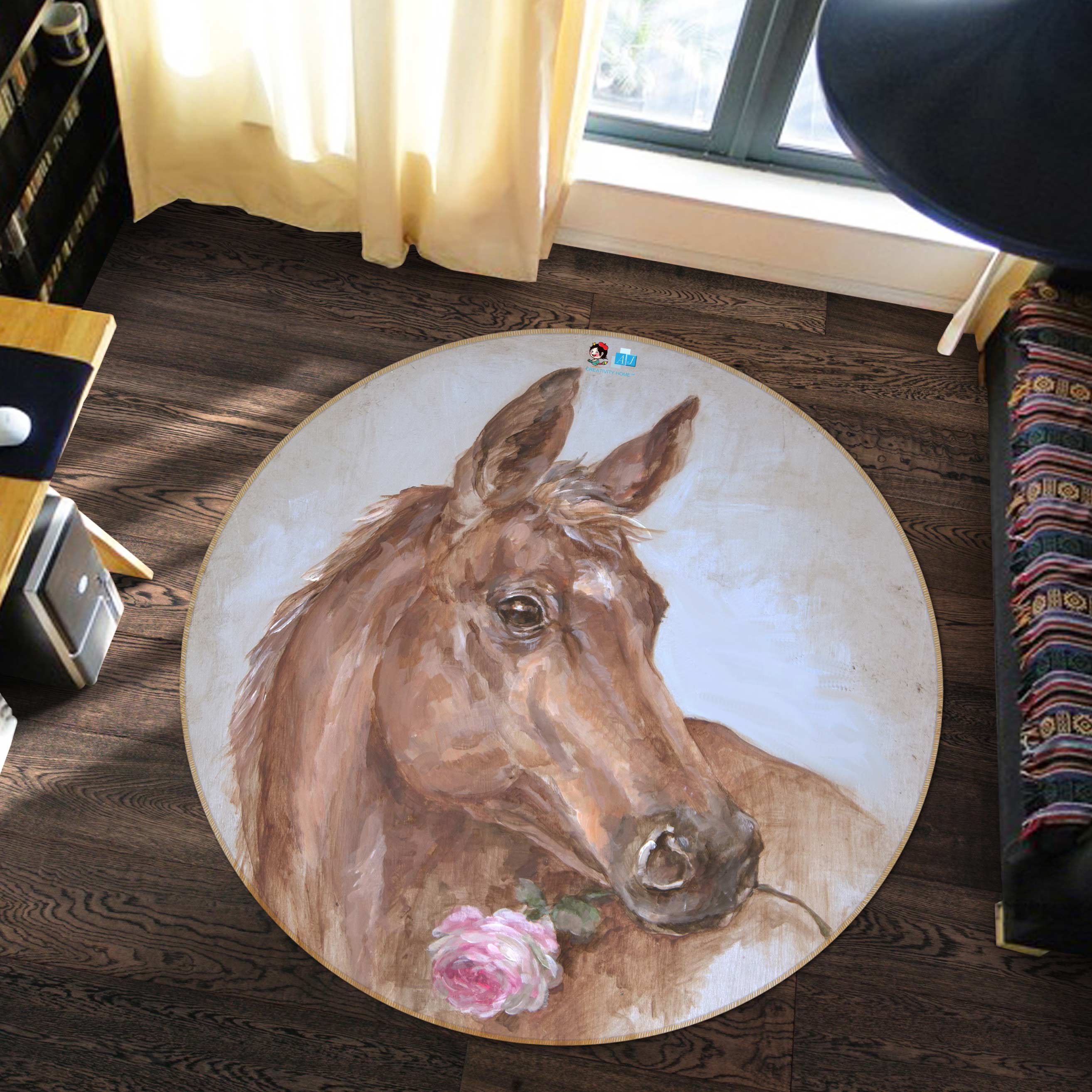 3D Horse With Rose 1170 Debi Coules Rug Round Non Slip Rug Mat