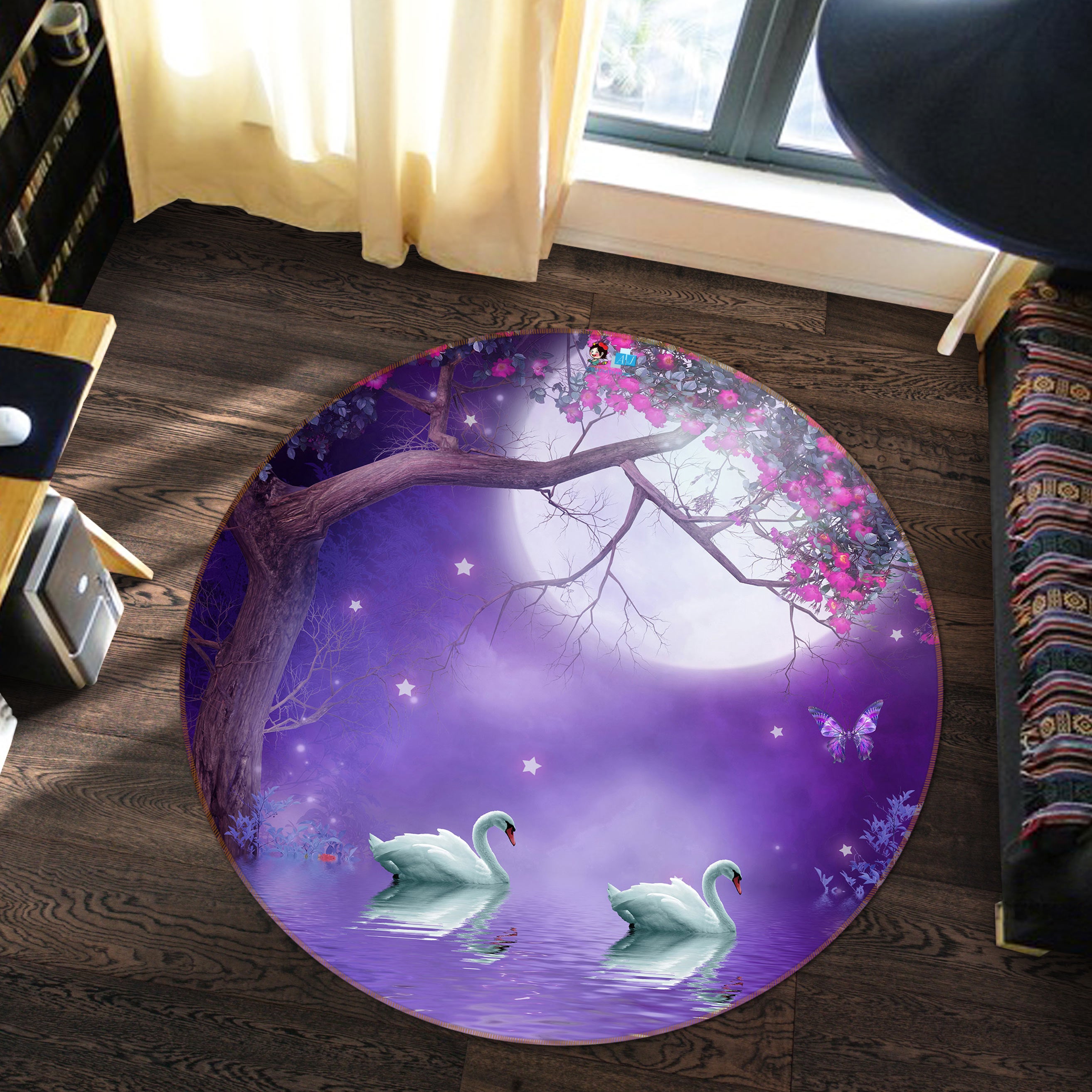 3D Purple Trees Swan 81020 Round Non Slip Rug Mat