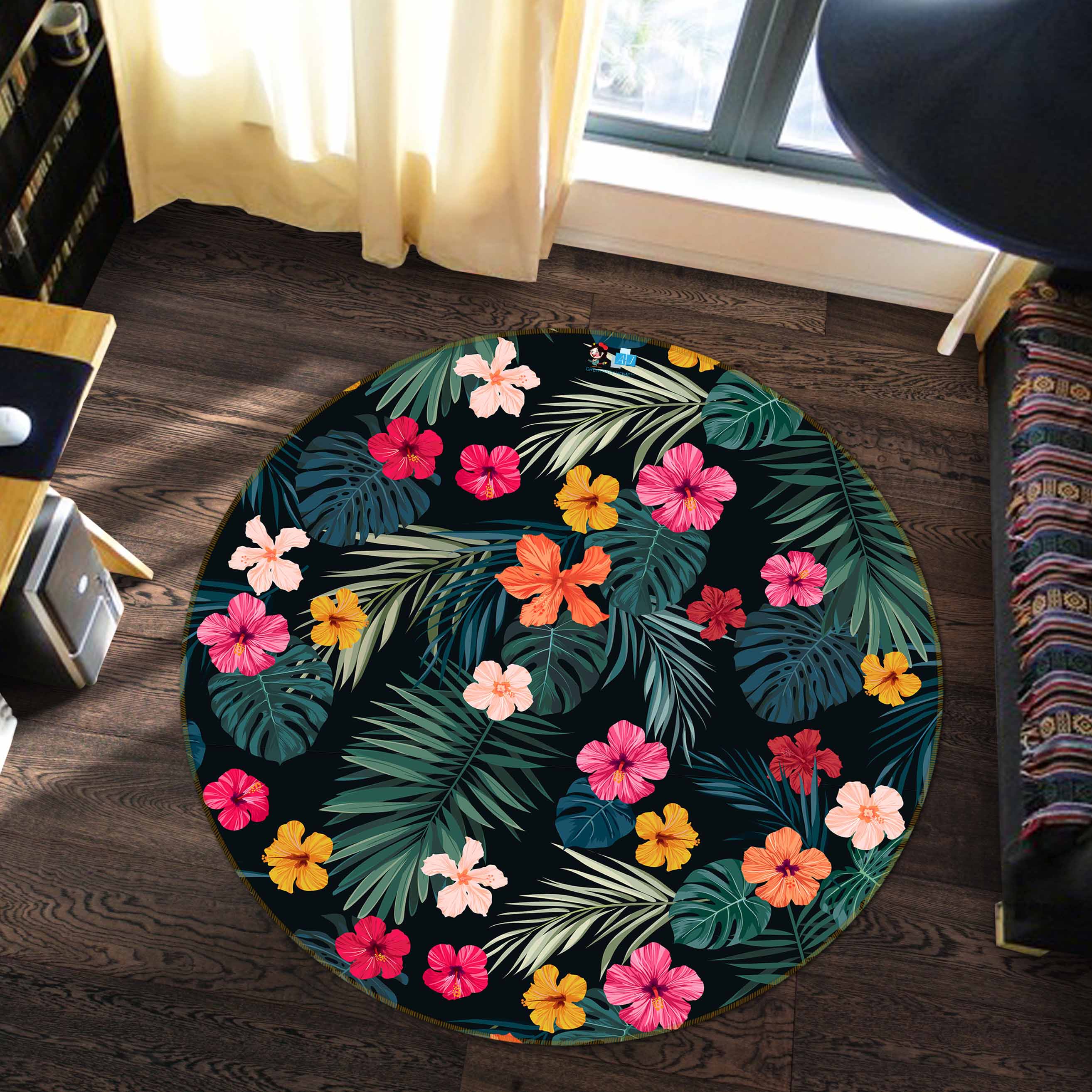 3D Flower Leaf Pattern 74183 Round Non Slip Rug Mat