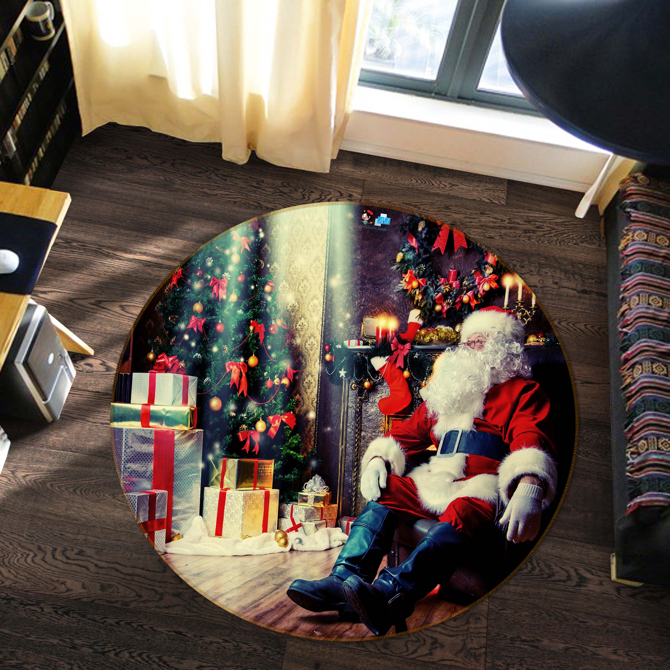 3D Santa Claus 54015 Christmas Round Non Slip Rug Mat Xmas
