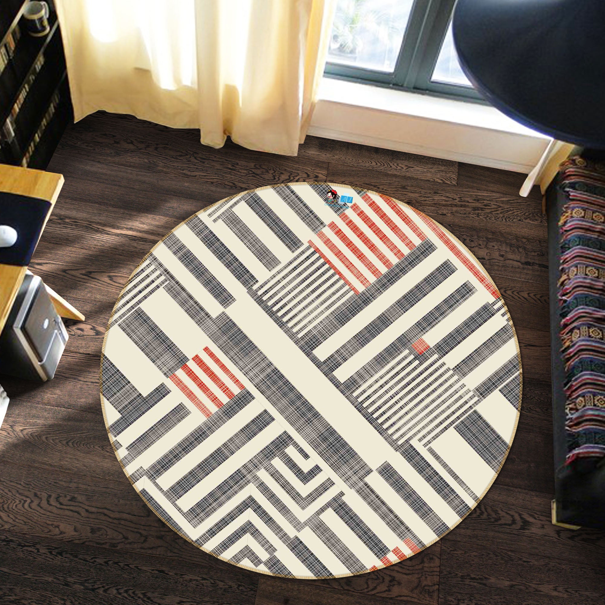 3D Gray Red Stripes 64148 Round Non Slip Rug Mat