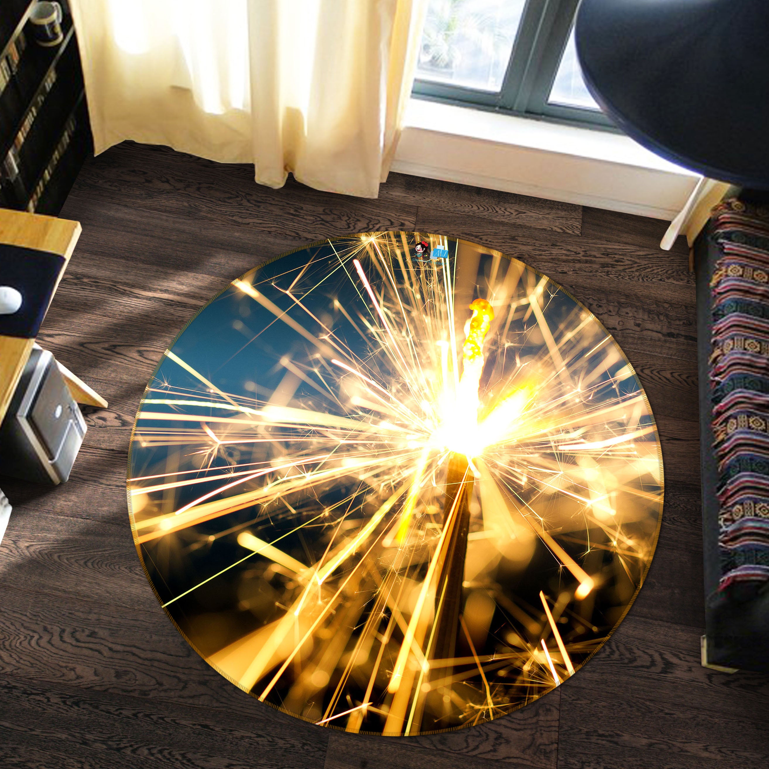 3D Fireworks 54104 Christmas Round Non Slip Rug Mat Xmas