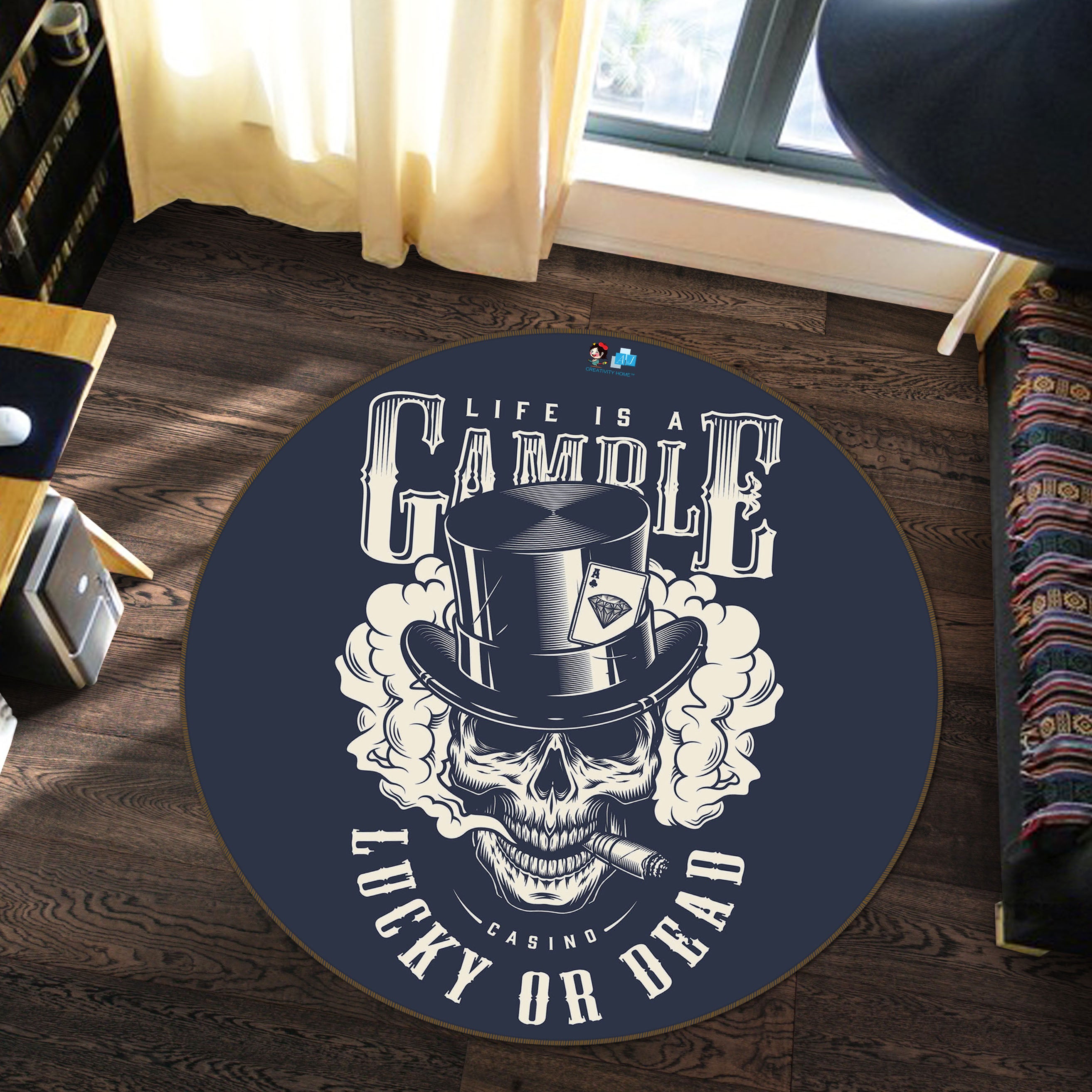 3D Black White Skull 75039 Round Non Slip Rug Mat