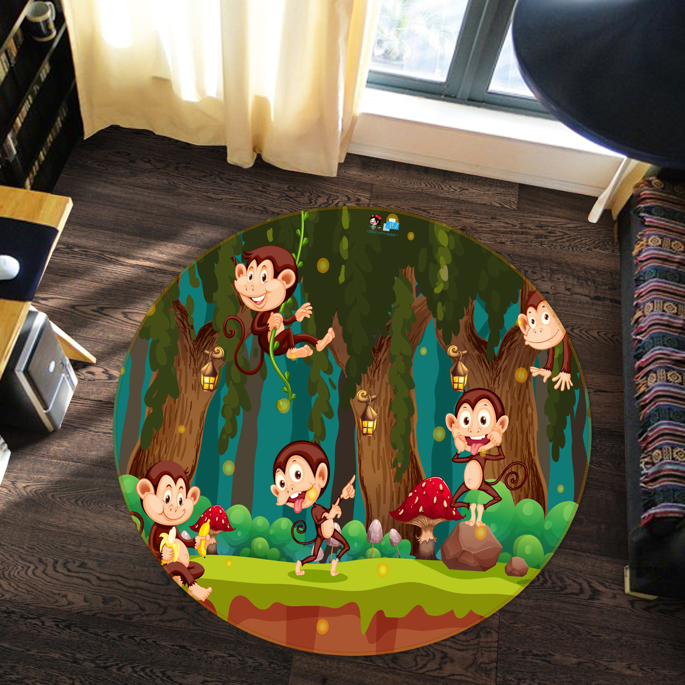 3D Forest Monkey 81237 Round Non Slip Rug Mat