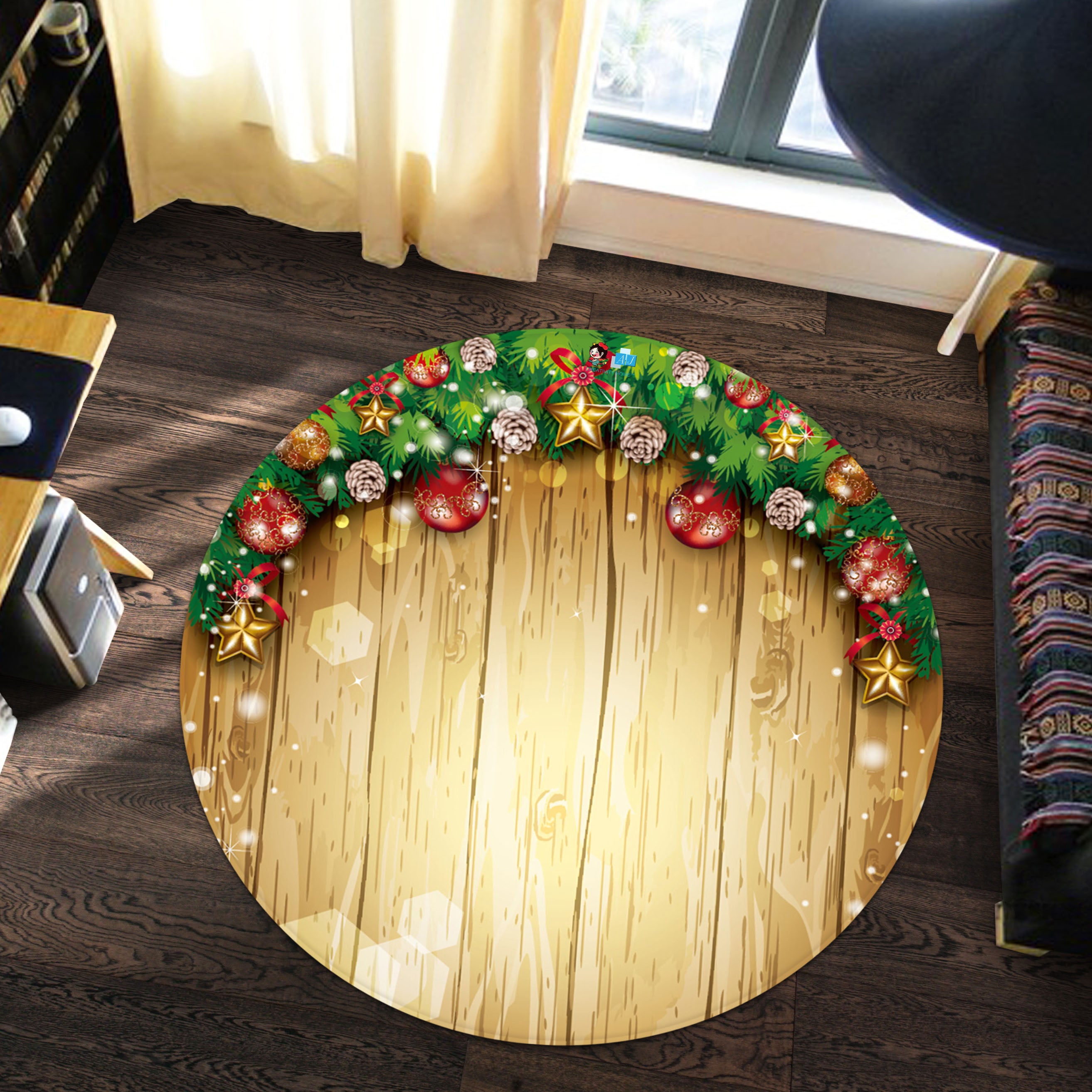 3D Board Red Ball Star 66028 Christmas Round Non Slip Rug Mat Xmas