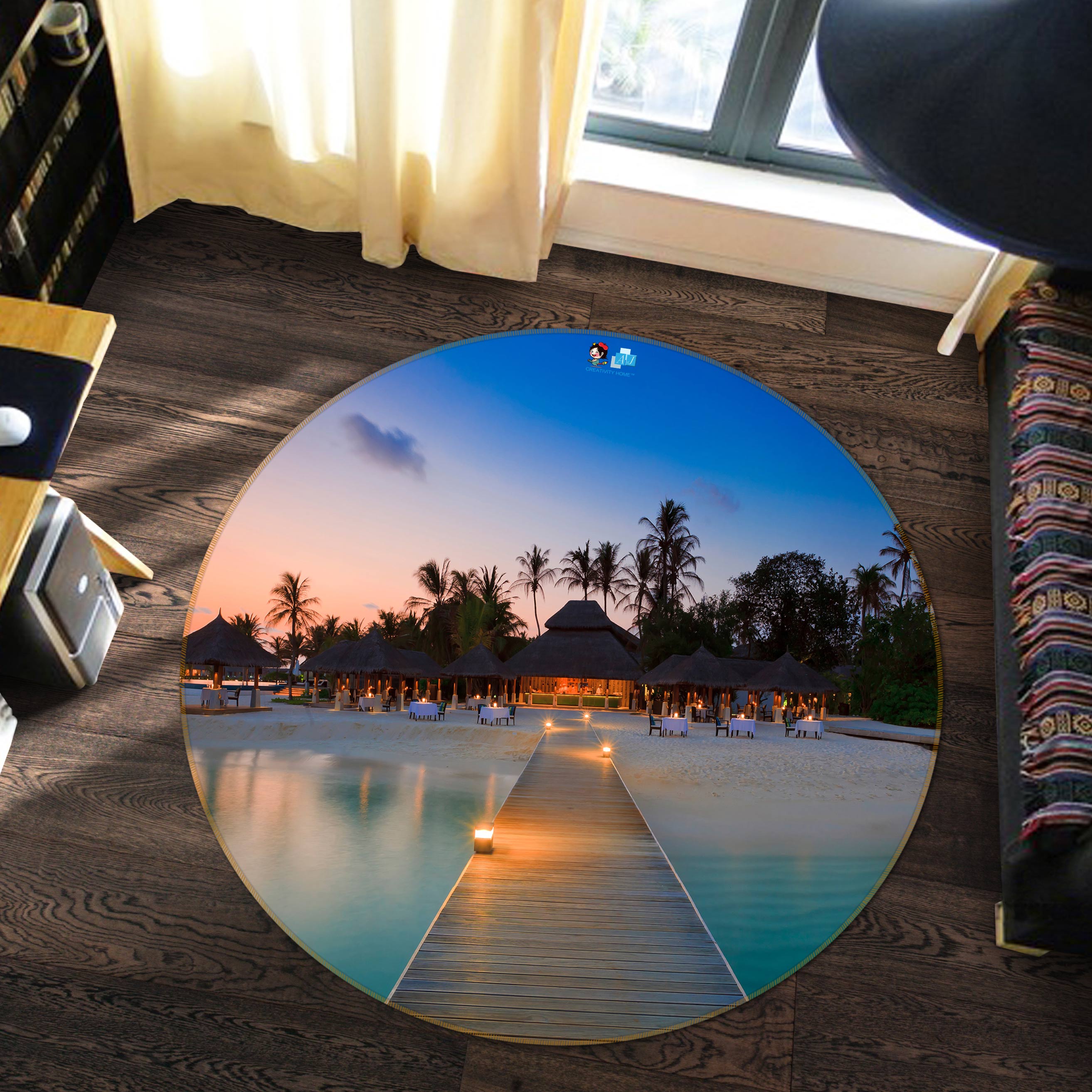 3D Beach Bridge 72248 Round Non Slip Rug Mat