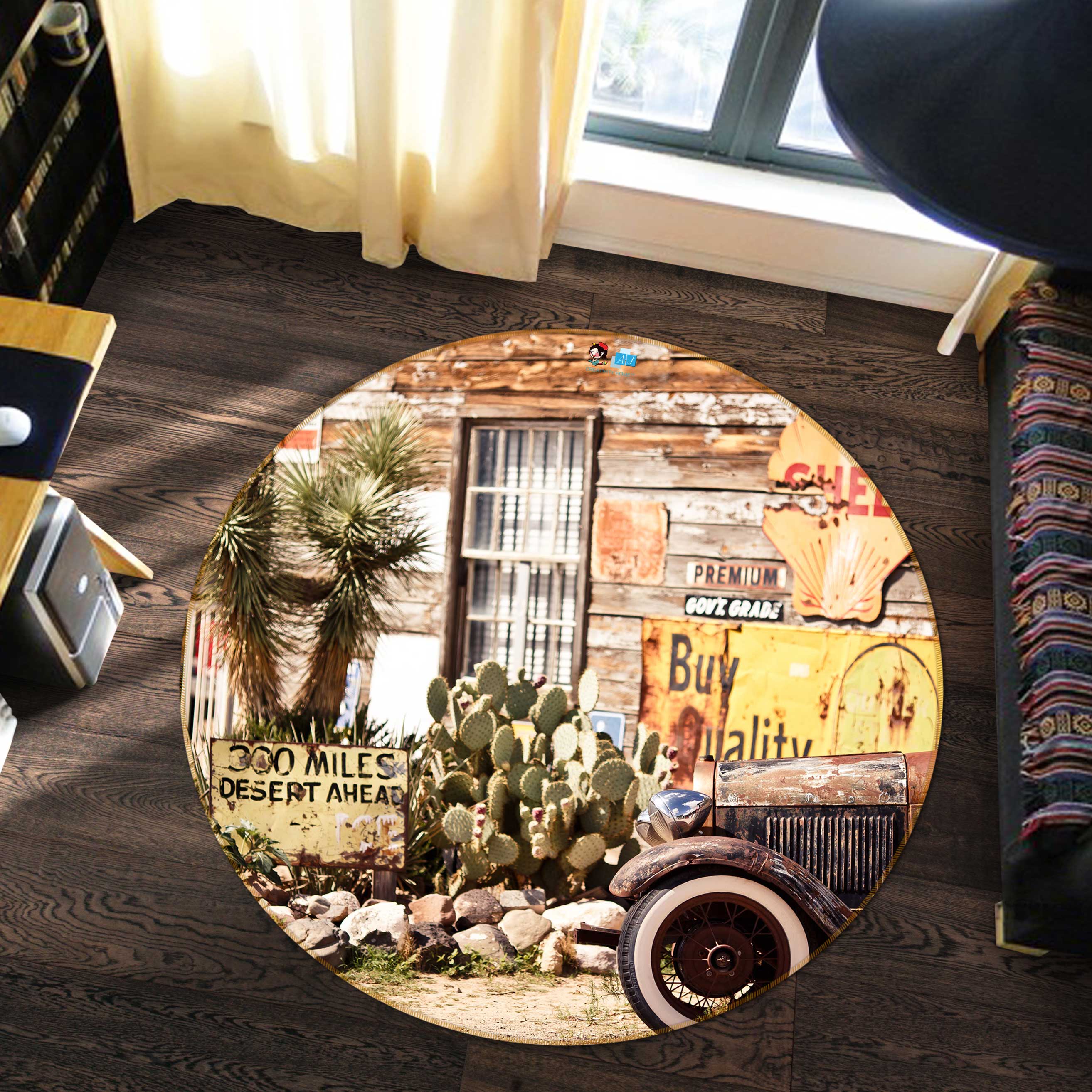 3D Retro Car 80209 Round Non Slip Rug Mat
