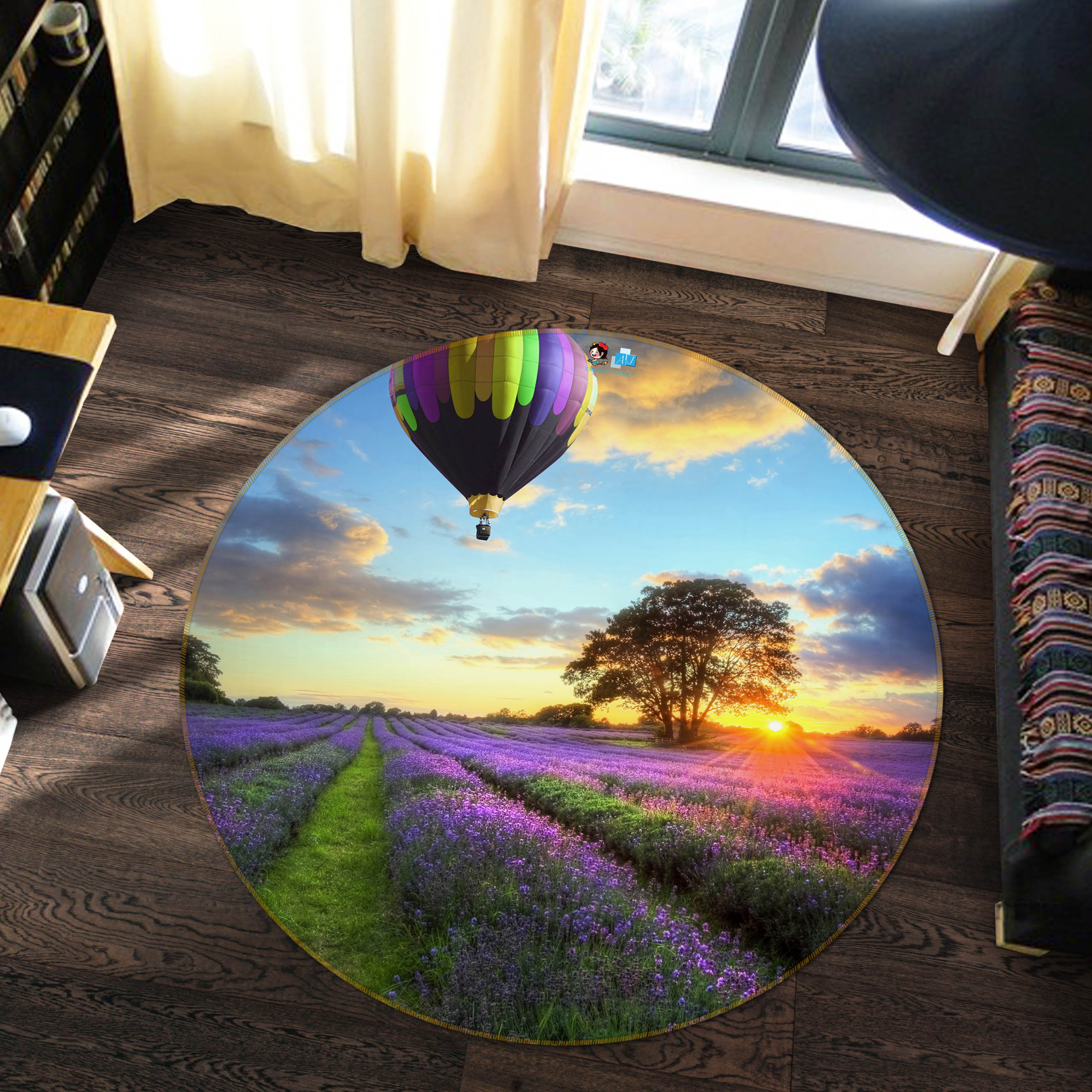 3D Hot Air Balloon Lavender Bushes 69159 Round Non Slip Rug Mat