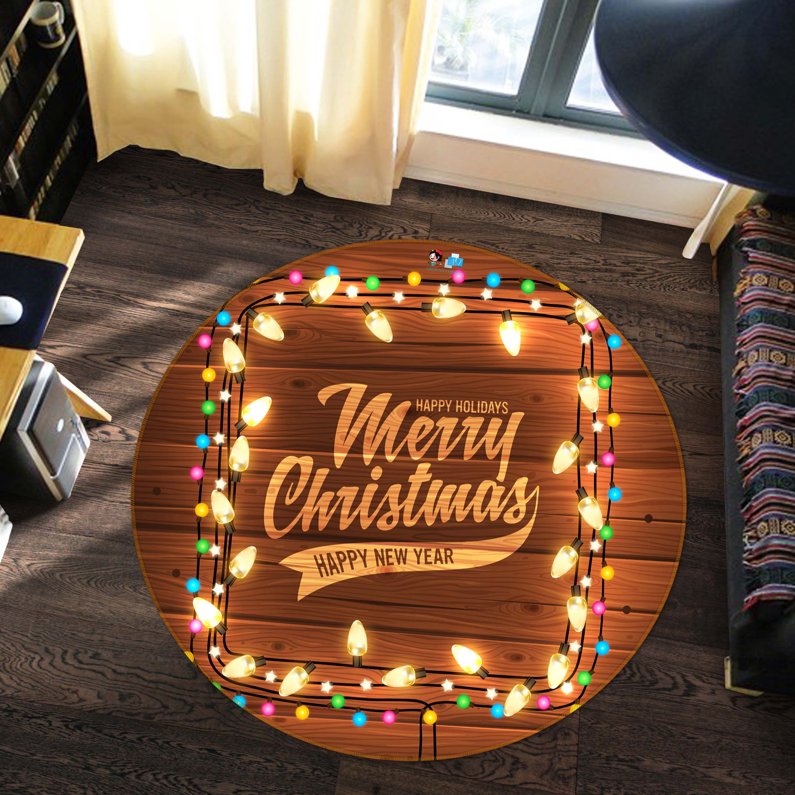 3D String Lights 54024 Christmas Round Non Slip Rug Mat Xmas